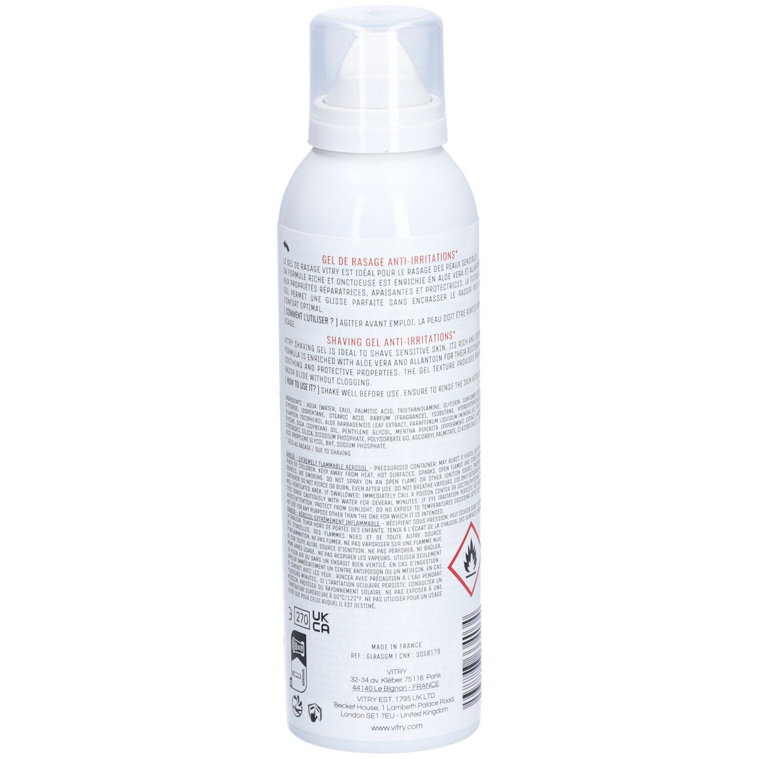 Weiße Flasche mit Sprühkopf. Rückseite mit Text und Piktogrammen. Roter Aufkleber mit Text.