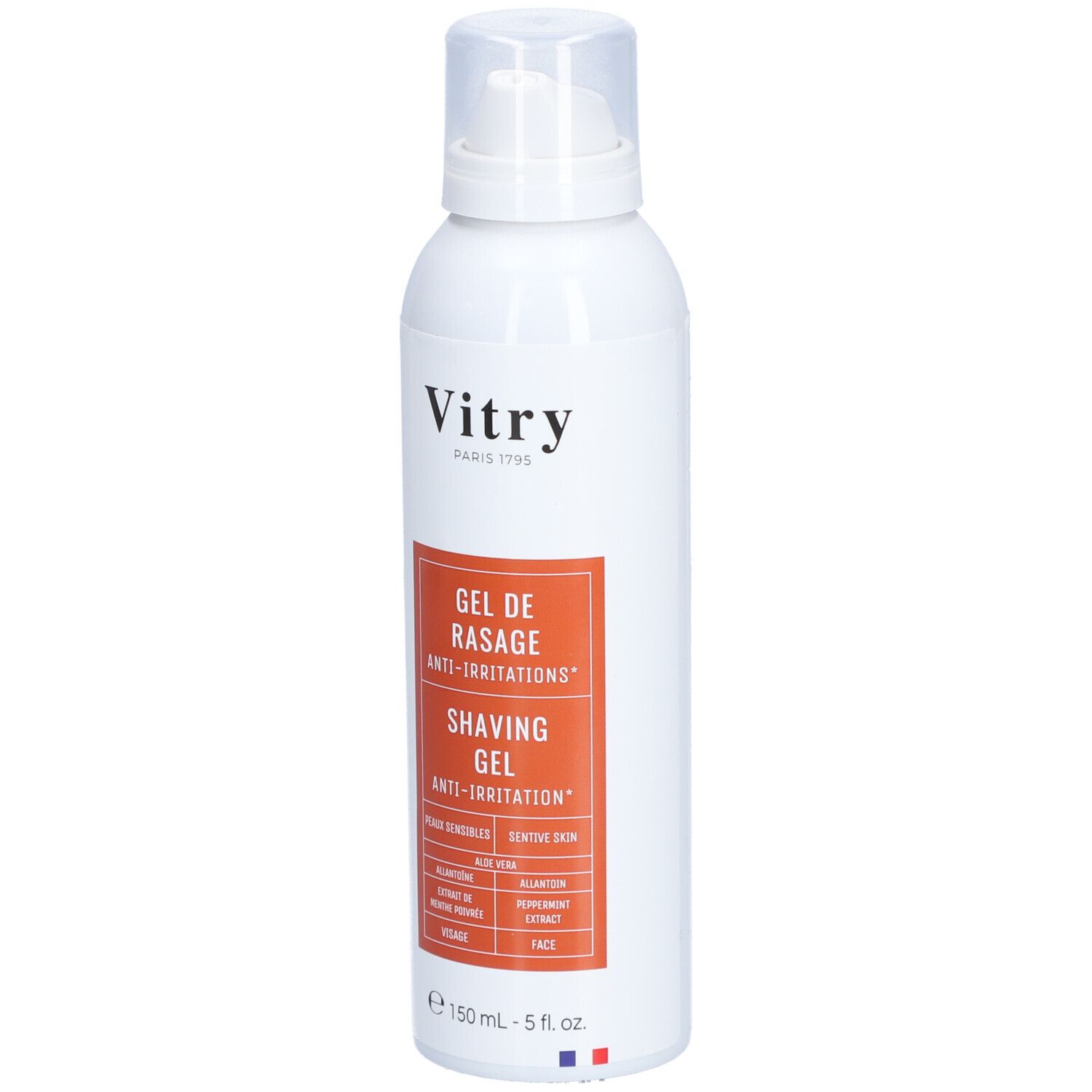 Weiße Flasche mit Sprühkopf. Roter Aufkleber mit Text: Gel de rasage anti-irritations. Marke: Vitry.