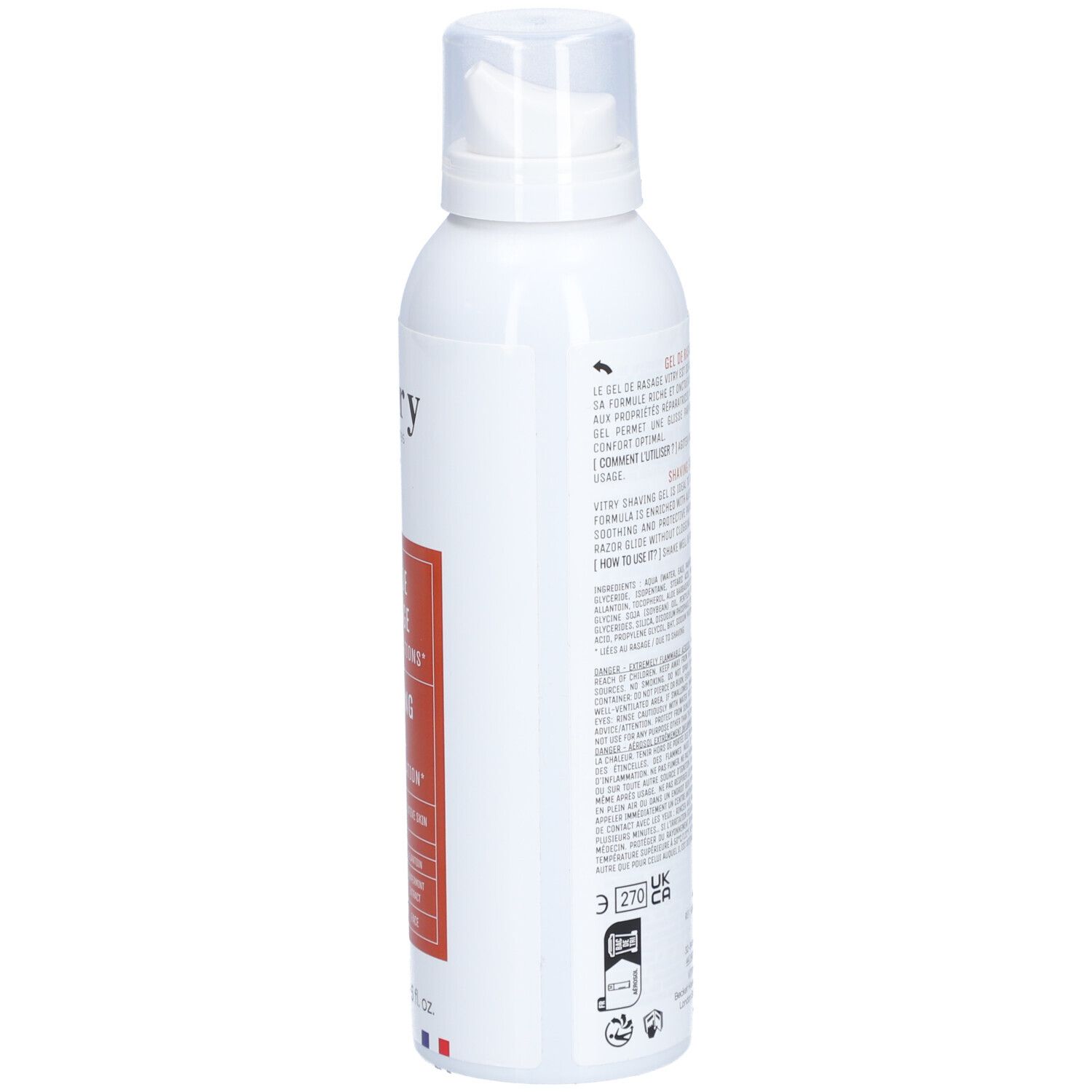 Weiße Flasche mit Sprühkopf. Rückseite mit Text und Piktogrammen. Roter Aufkleber mit Text.