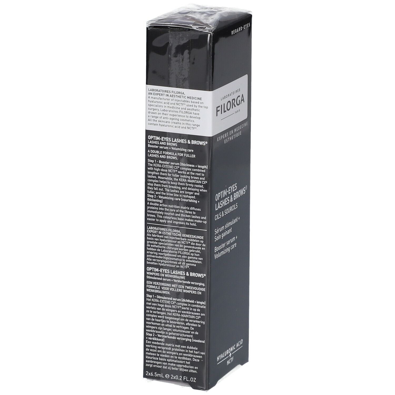 Boîte noire avec texte. OPTIM-EYES LASHES & BROWS. Texte multilingue. Marque FILORGA. Acide hyaluronique.