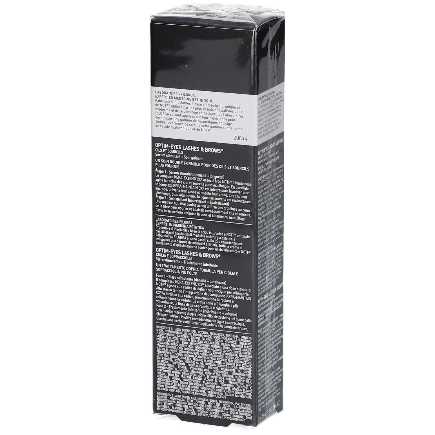 Boîte noire avec texte. OPTIM-EYES LASHES & BROWS. Multilingue. Marque FILORGA. Acide hyaluronique.