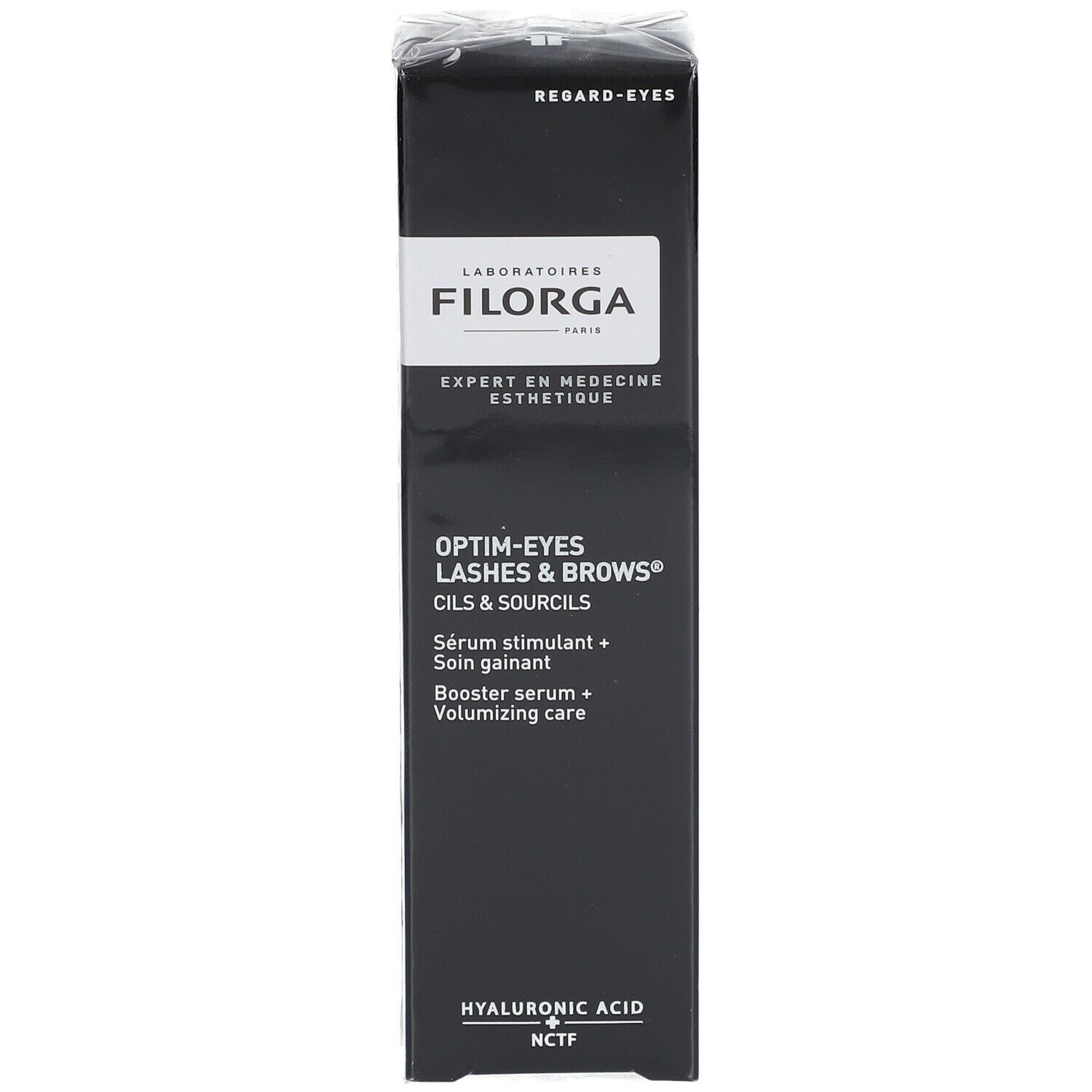 Boîte noire avec OPTIM-EYES LASHES & BROWS. Sérum stimulant + Soin gainant. Marque FILORGA. Texte en blanc.