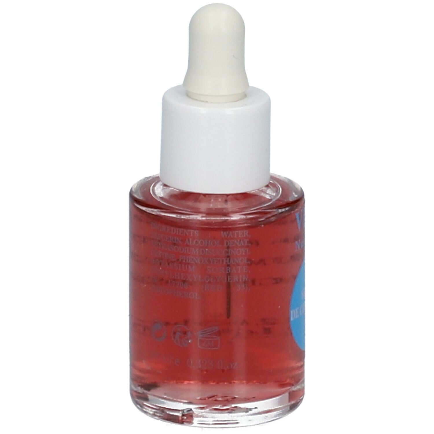 Flacon en verre contenant un liquide rouge, avec bouchon et pipette blancs. Texte au dos. Inscription : Sérum de croissance.