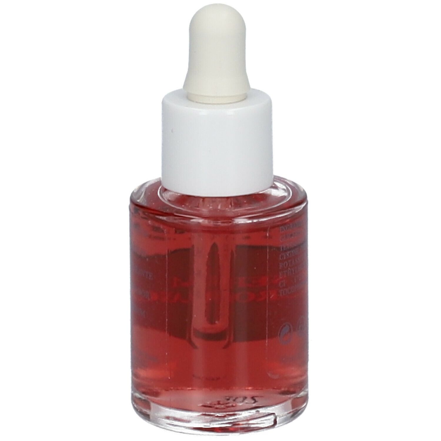 Flacon en verre contenant un liquide rouge, avec bouchon et pipette blancs. Texte au dos. Inscription : Sérum de croissance.