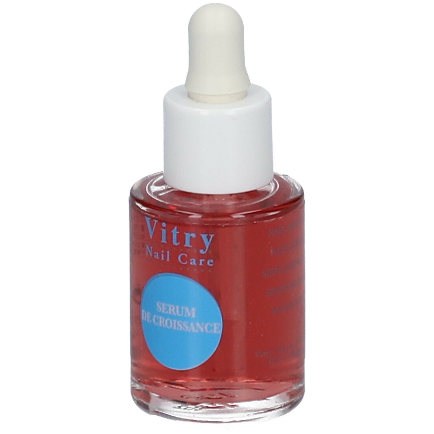 Flacon en verre contenant un liquide rouge, avec bouchon et pipette blancs. Inscription : Vitry Nail Care, Sérum de croissance.