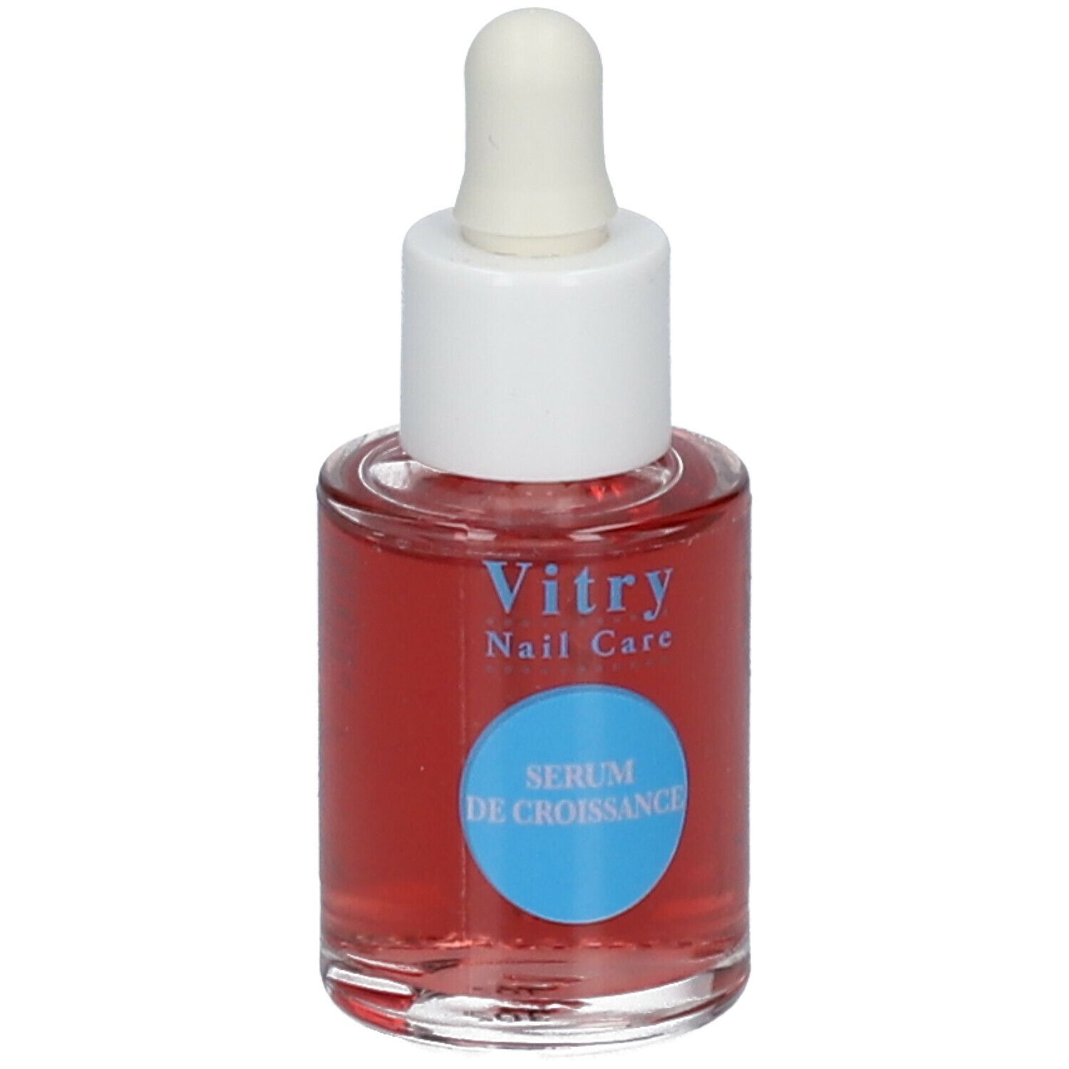 Flacon en verre contenant un liquide rouge, avec bouchon et pipette blancs. Inscription : Vitry Nail Care, Sérum de croissance.