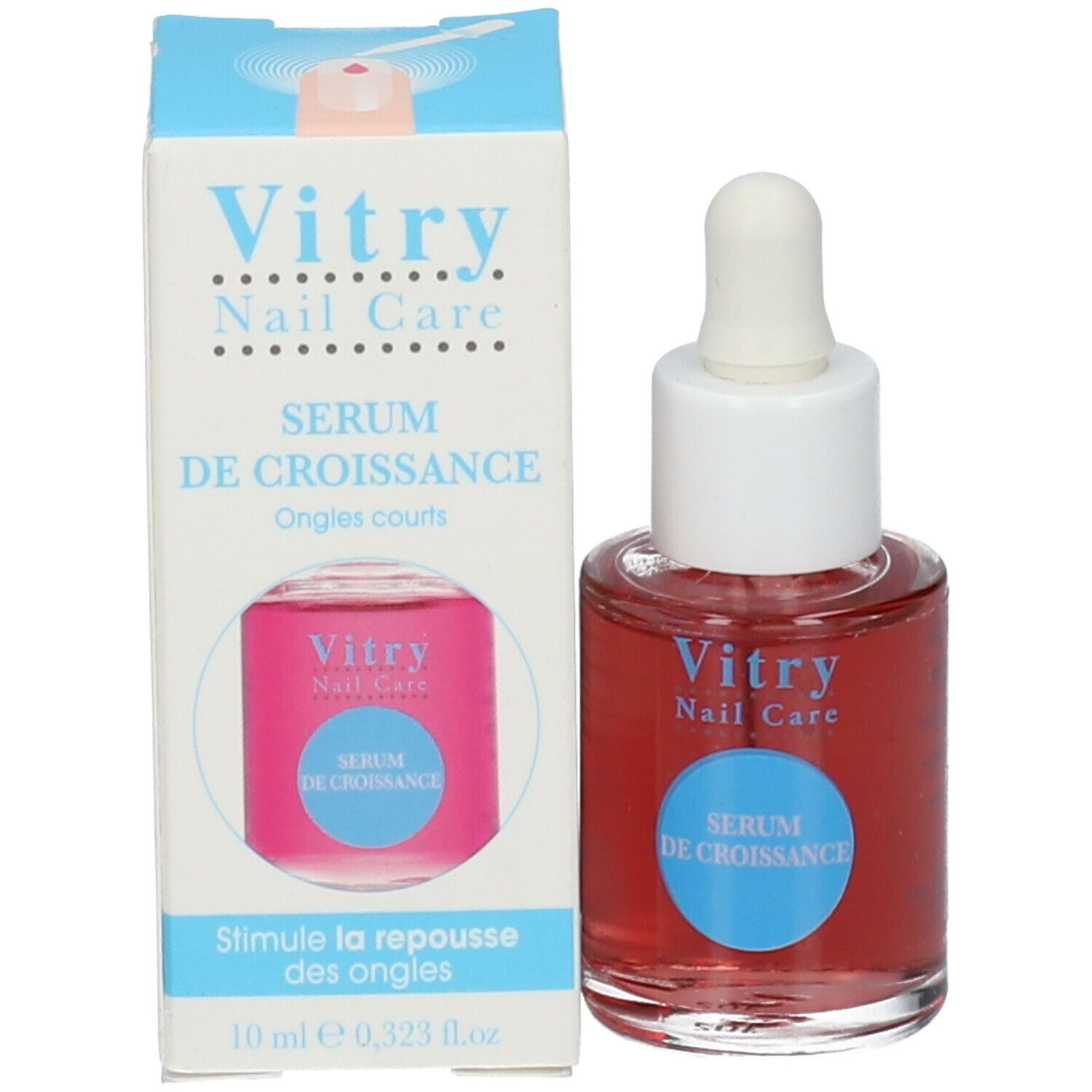 Emballage et flacon. Flacon contenant un liquide rouge, avec bouchon et pipette blancs. Inscription : Vitry Nail Care, Sérum de croissance.