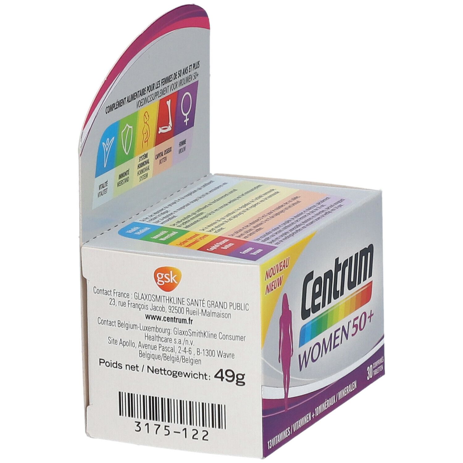 Centrum Women 50+ Packung. Rückseite mit Informationen. Enthält 49g. Kontaktinformationen und Barcode.