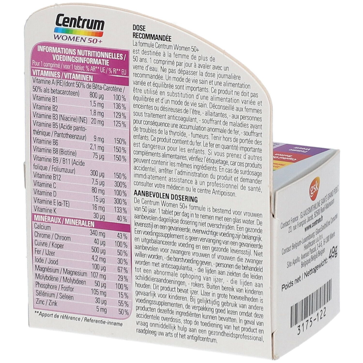 Centrum Women 50+ Packung. Rückseite mit Nährwertangaben und Dosierungsempfehlung. Enthält 49g.