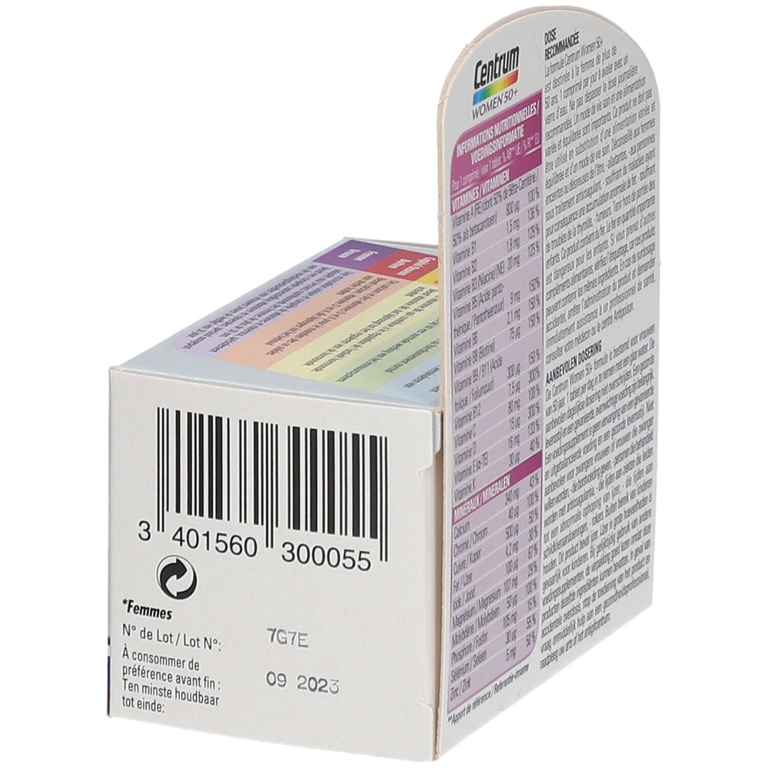 Centrum Women 50+ Packung. Detailansicht der Rückseite mit Nährwertangaben und Barcode. Haltbarkeitsdatum.