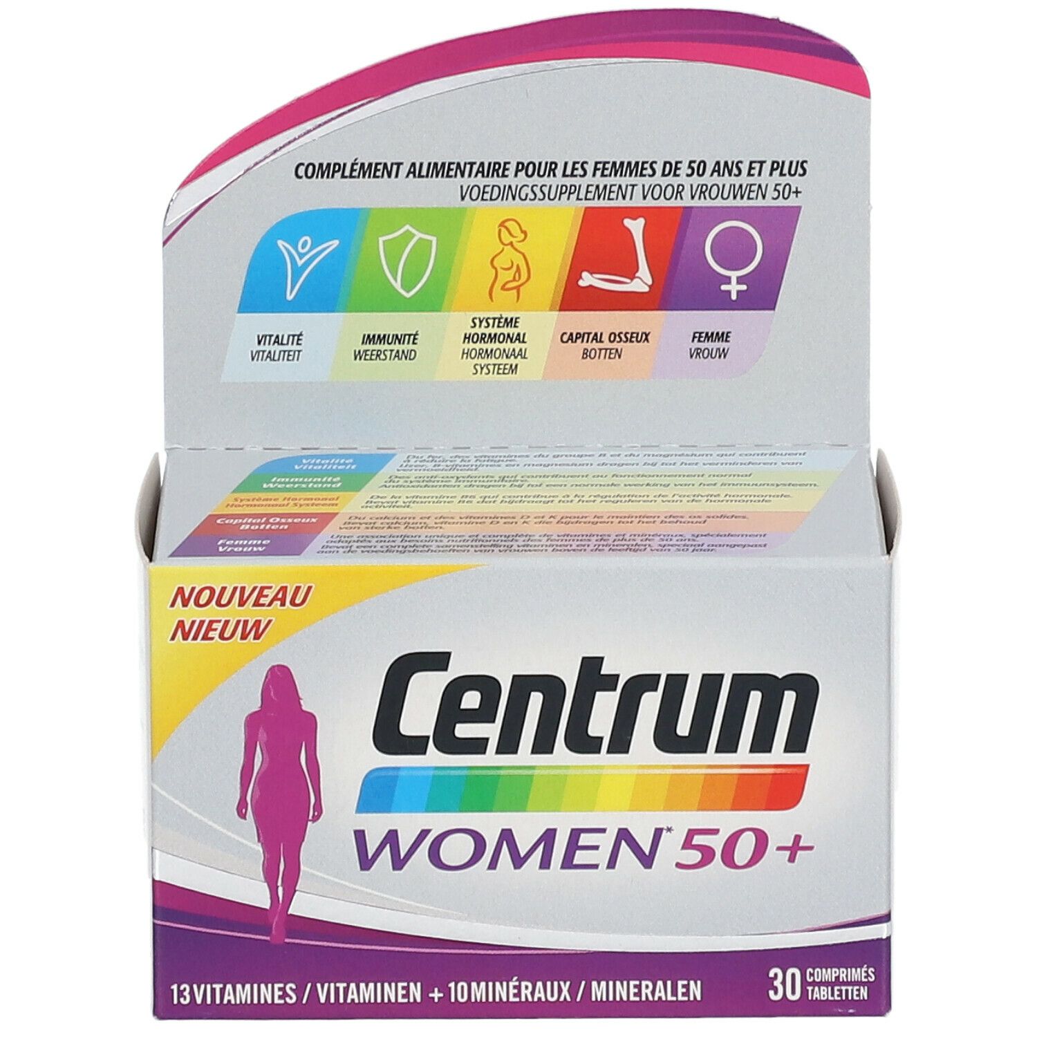 Centrum Women 50+ Packung. Enthält 30 Tabletten. Aufdruck: 13 Vitamine + 10 Mineralien. Mit Illustration einer Frau.