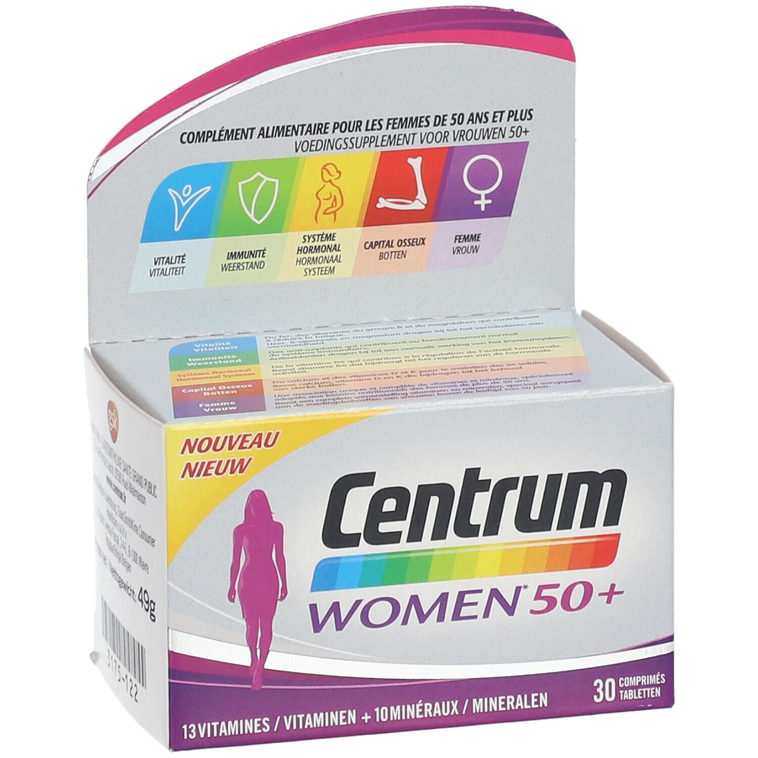 Centrum Women 50+ Packung. Enthält 30 Tabletten. Aufdruck: 13 Vitamine + 10 Mineralien. Mit Illustration einer Frau.