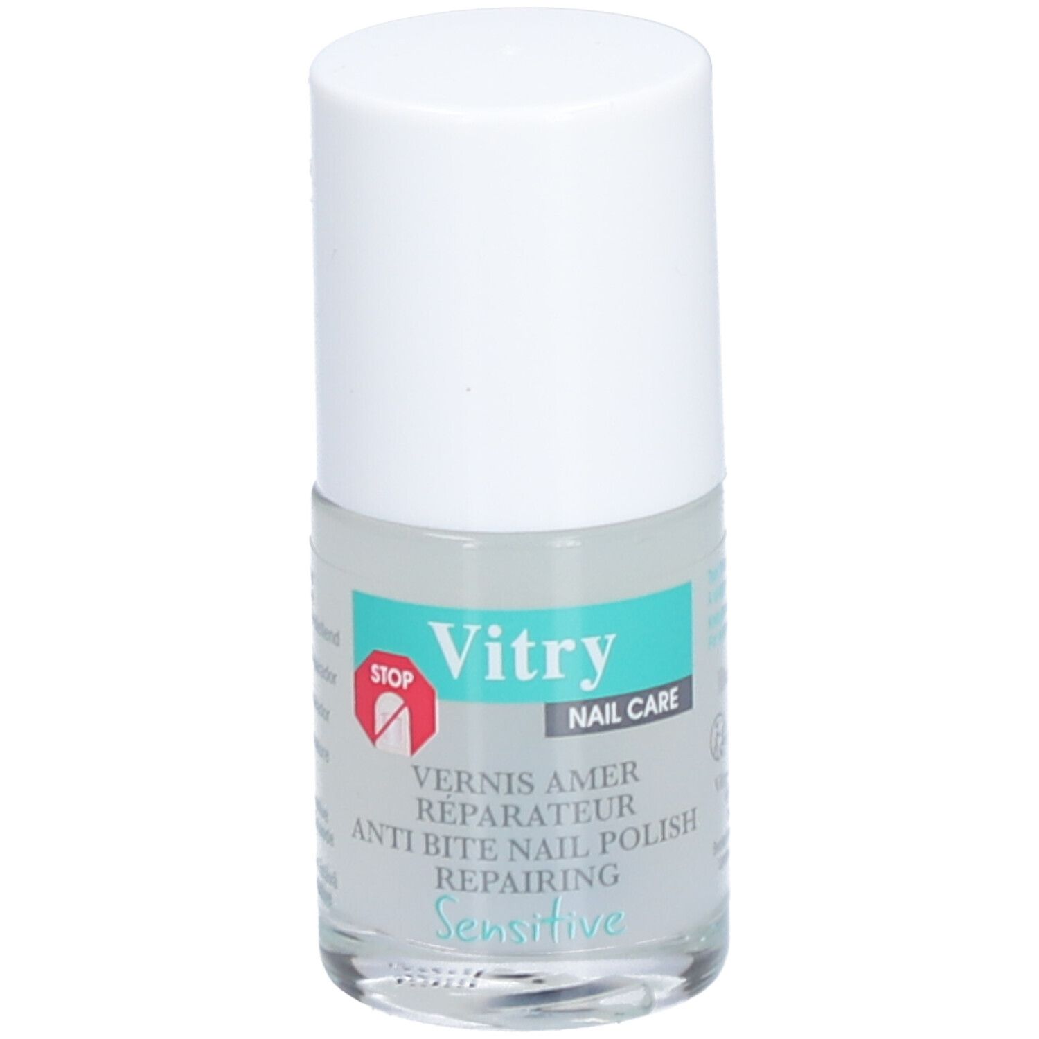 Klare Nagellackflasche mit weißem Deckel. Aufschrift: Vitry, Nail Care, Anti-Biss-Nagellack, Sensitive.