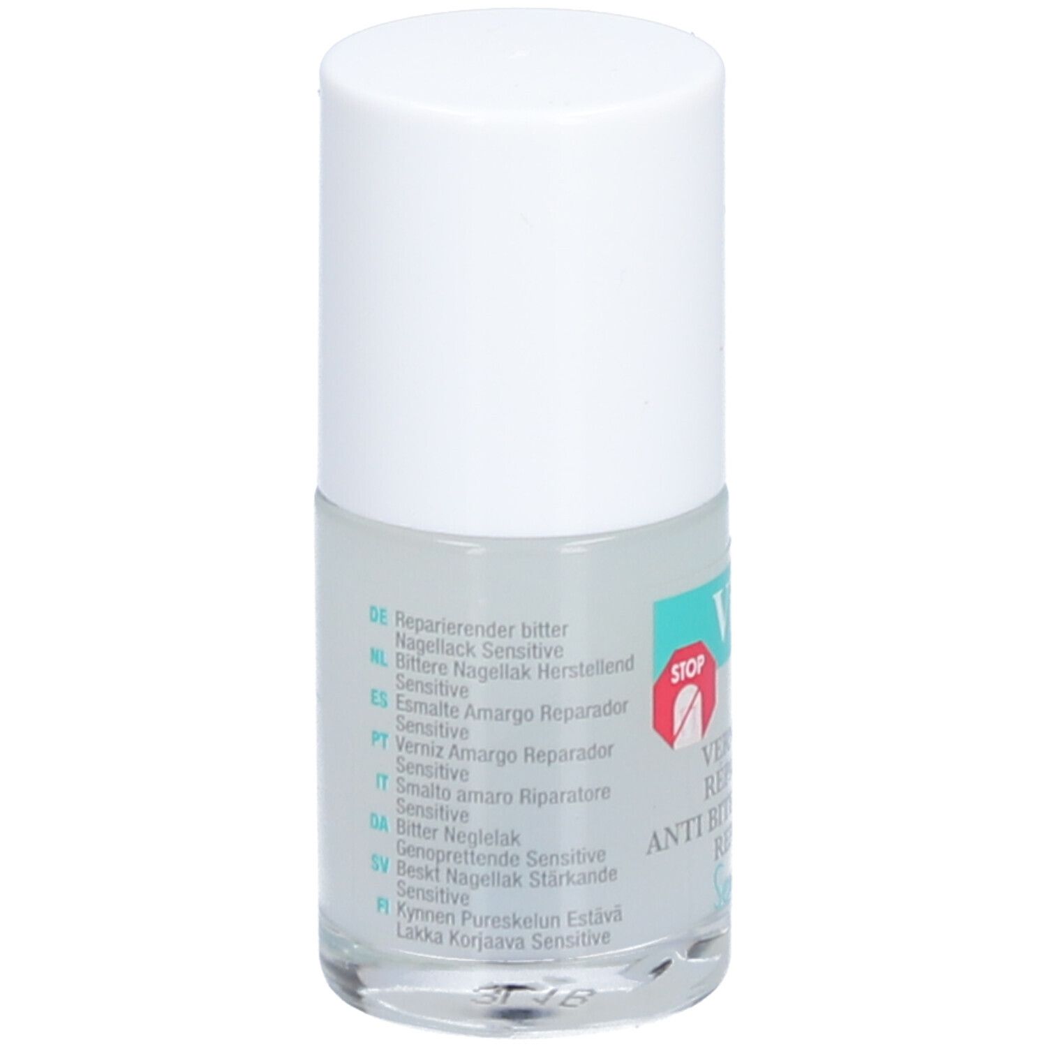 Nagellackflasche mit weißem Deckel. Mehrsprachige Auflistung: Reparierender bitterer Nagellack, Sensitive.