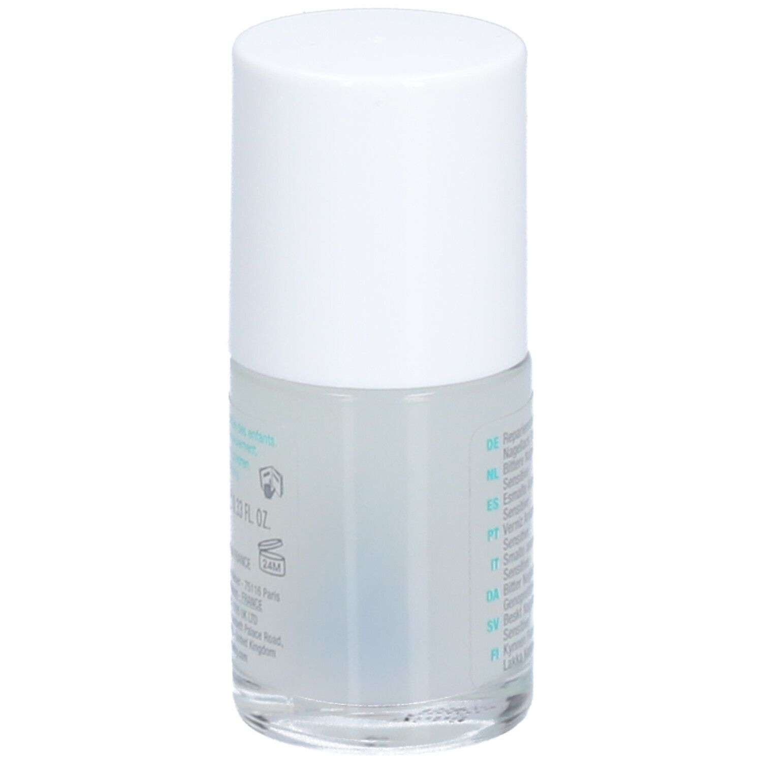 Rückseite einer Nagellackflasche mit weißem Deckel. Informationen: Herstelleradresse, Volumen.