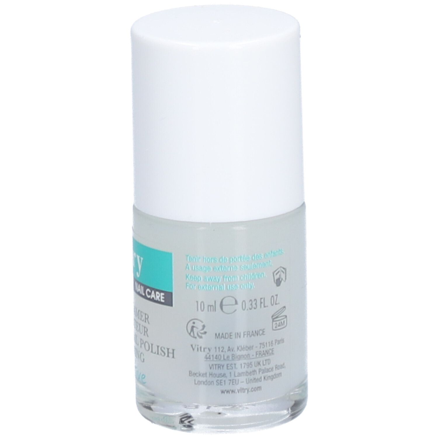 Nagellackflasche mit weißem Deckel. Aufschrift: Vitry, Nail Care, 10 ml, hergestellt in Frankreich.