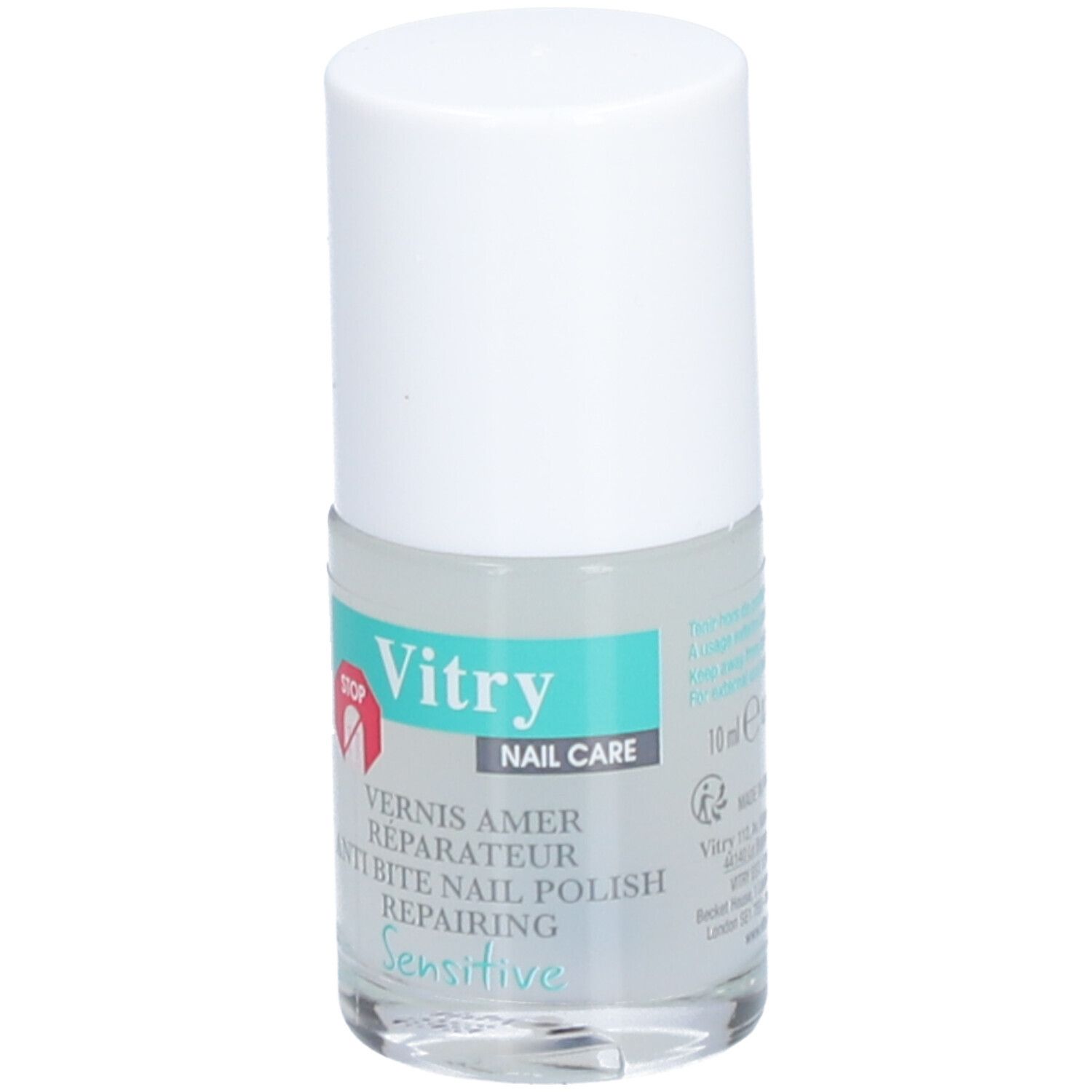 Nagellackflasche mit weißem Deckel. Aufschrift: Vitry, Nail Care, Anti-Biss-Nagellack, Sensitive, 10 ml.