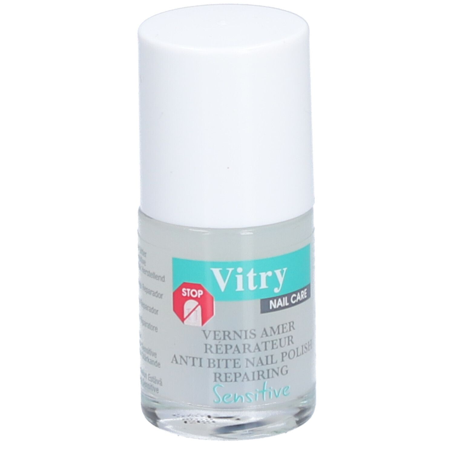 Nagellackflasche mit weißem Deckel. Aufschrift: Vitry, Nail Care, Anti-Biss-Nagellack, Sensitive, 10 ml.
