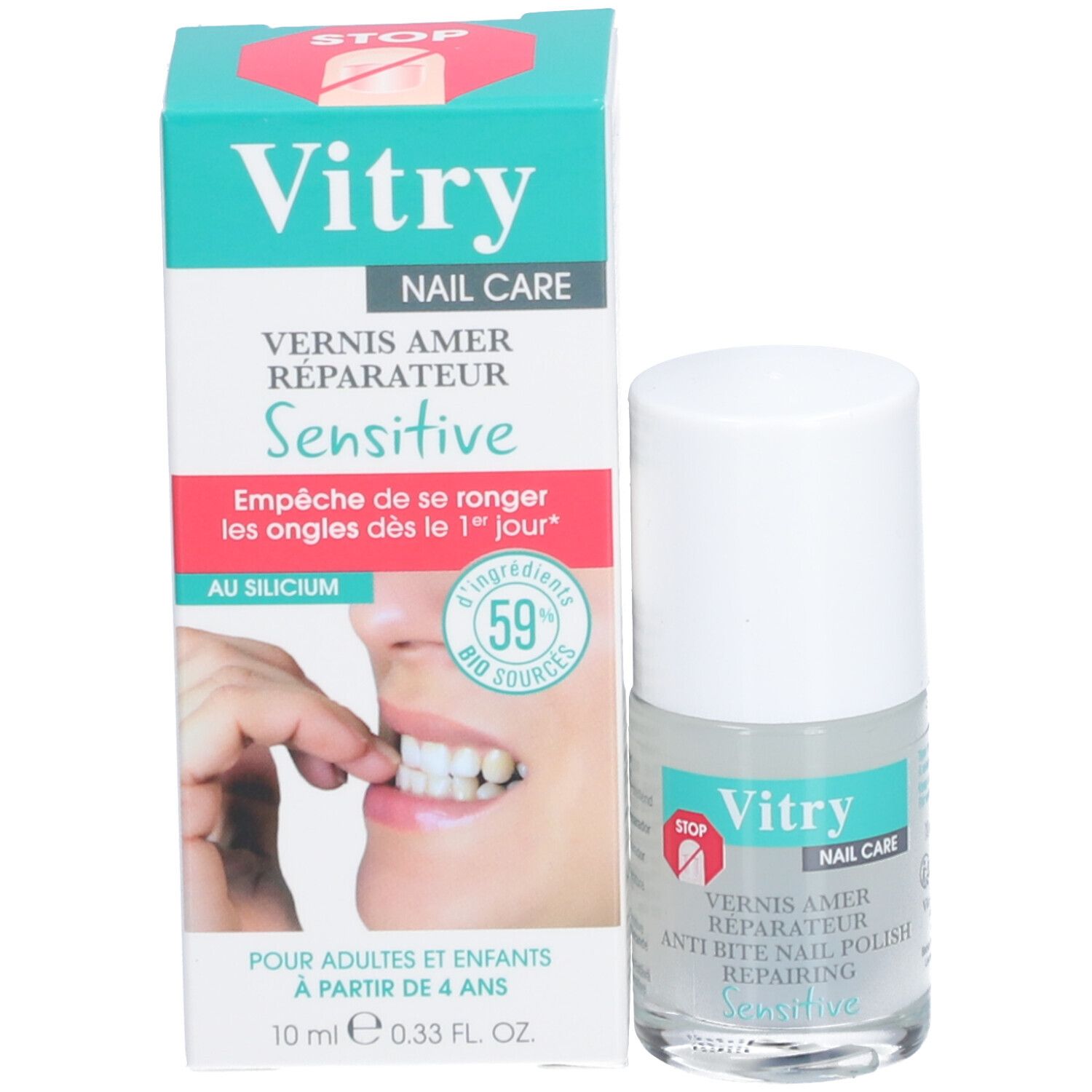 Produktverpackung und Nagellackflasche. Verpackung mit Aufschrift: Vitry, Nail Care, Anti-Biss-Nagellack, Sensitive.