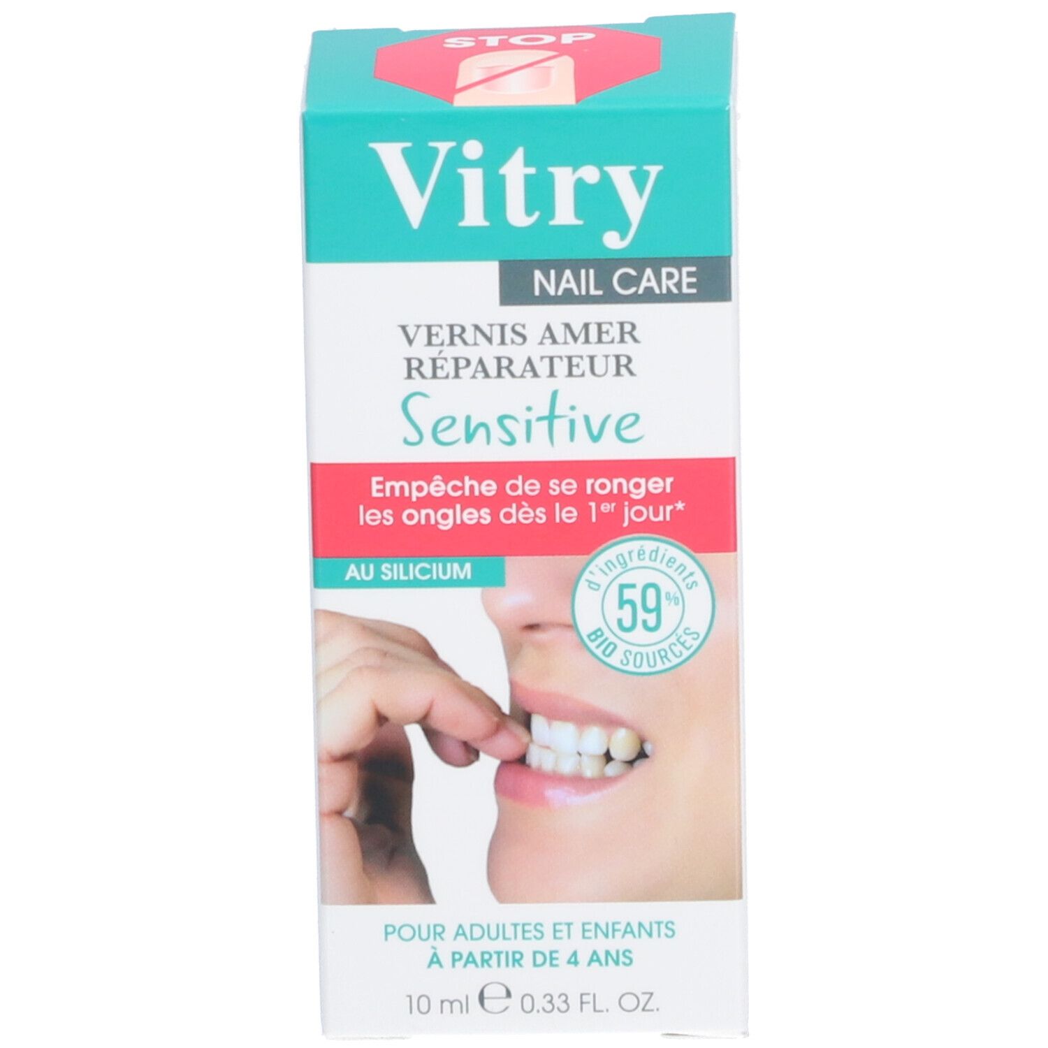 Produktverpackung. Aufschrift: Vitry, Nail Care, Anti-Biss-Nagellack, Sensitive. Abbildung einer Hand im Mund.