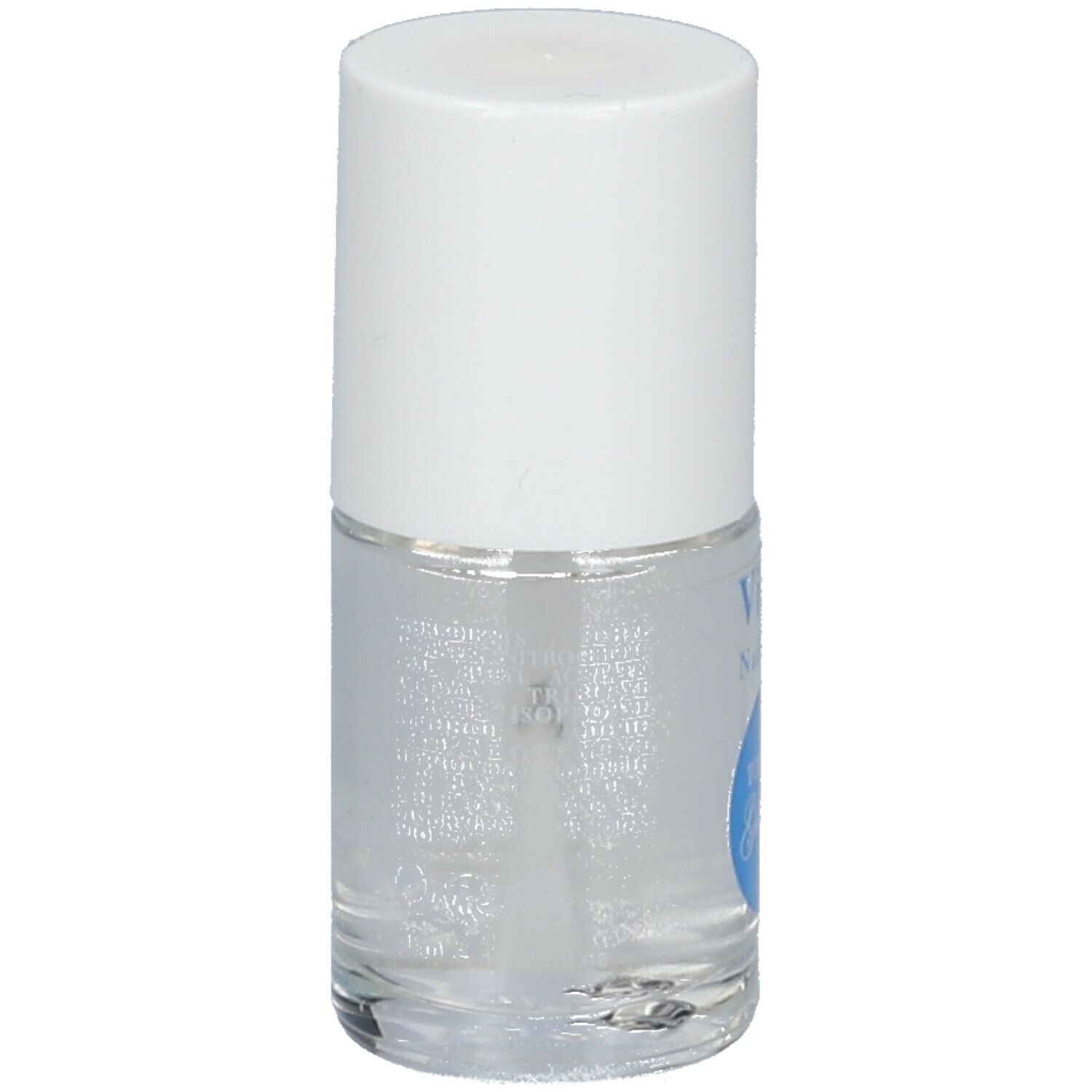 Flacon de vernis à ongles transparent avec bouchon blanc. Brosse visible.