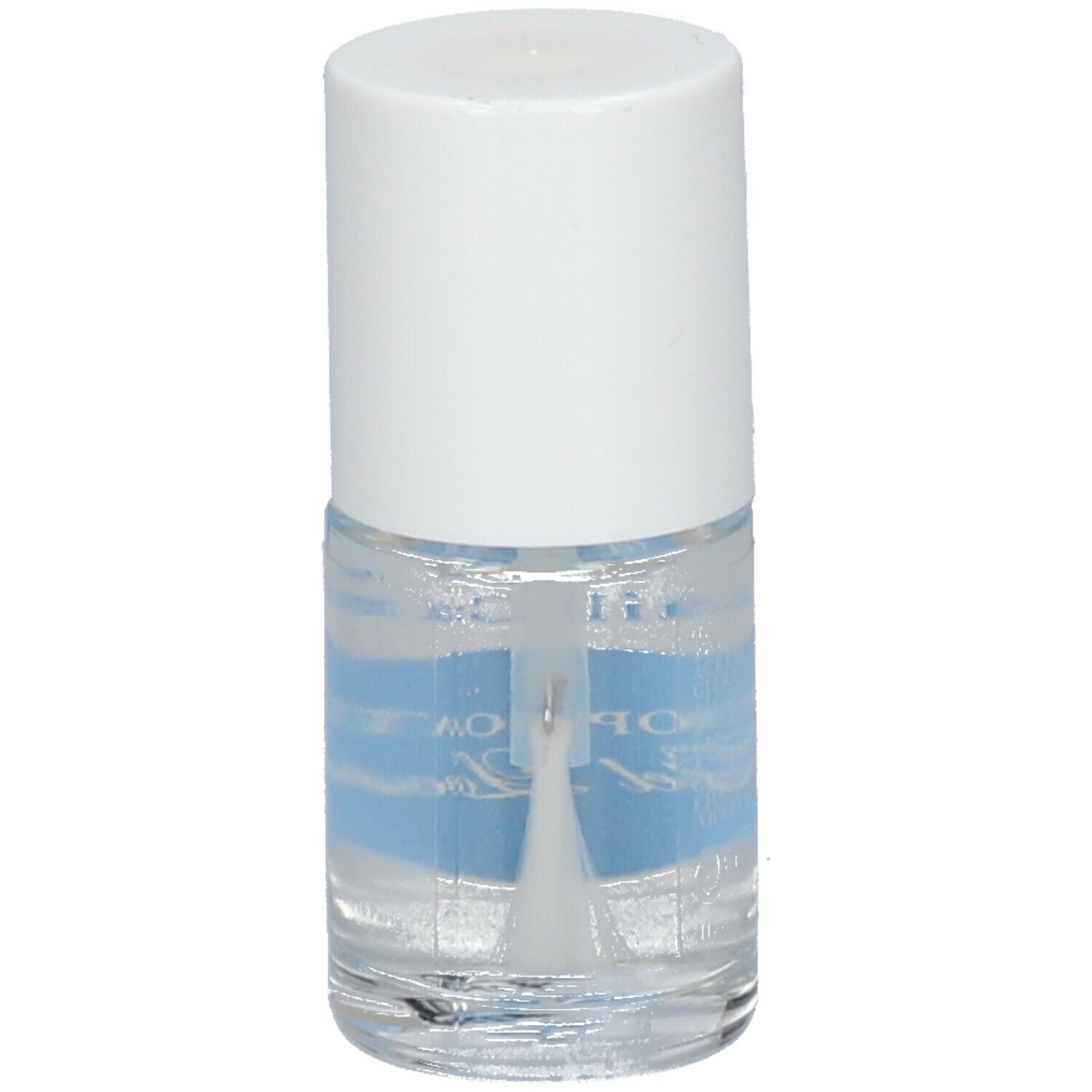Flacon de vernis à ongles transparent avec bouchon blanc. Brosse visible.