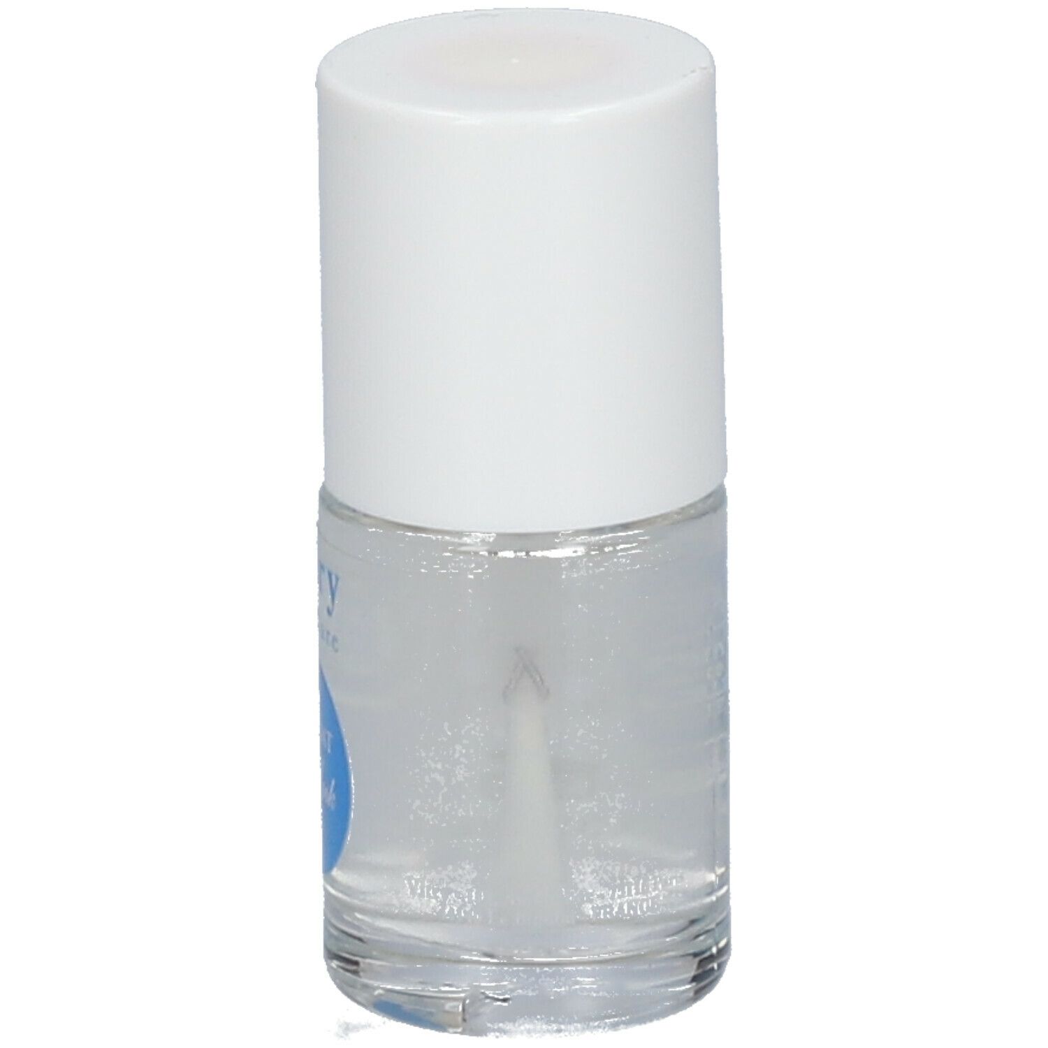 Flacon de vernis à ongles transparent avec bouchon blanc. Brosse visible.