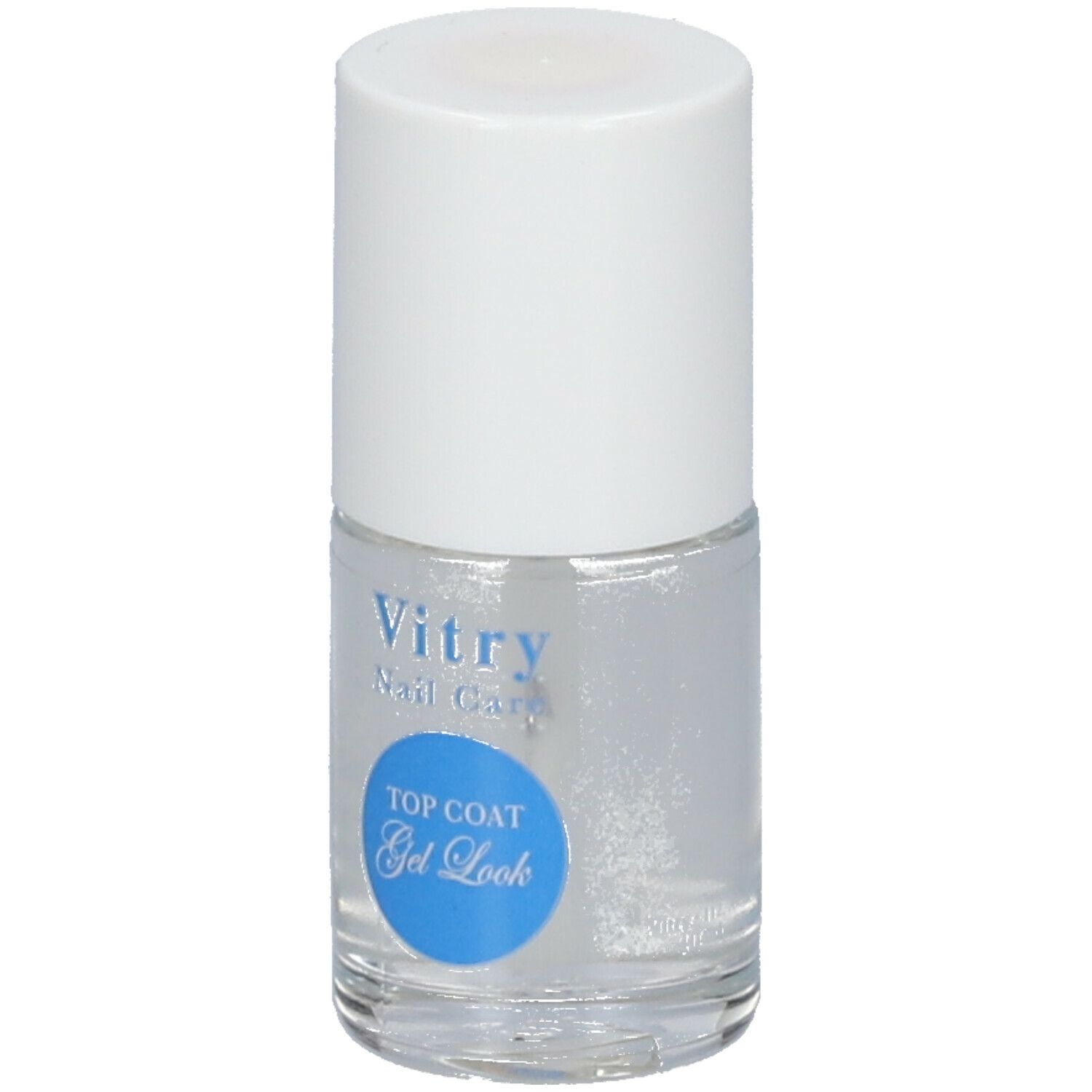 Flacon de vernis à ongles transparent avec bouchon blanc. Étiquette "Top Coat Gel Look".