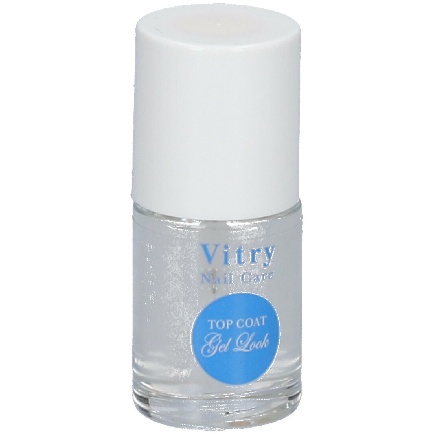 Flacon de vernis à ongles transparent avec bouchon blanc. Étiquette "Top Coat Gel Look".