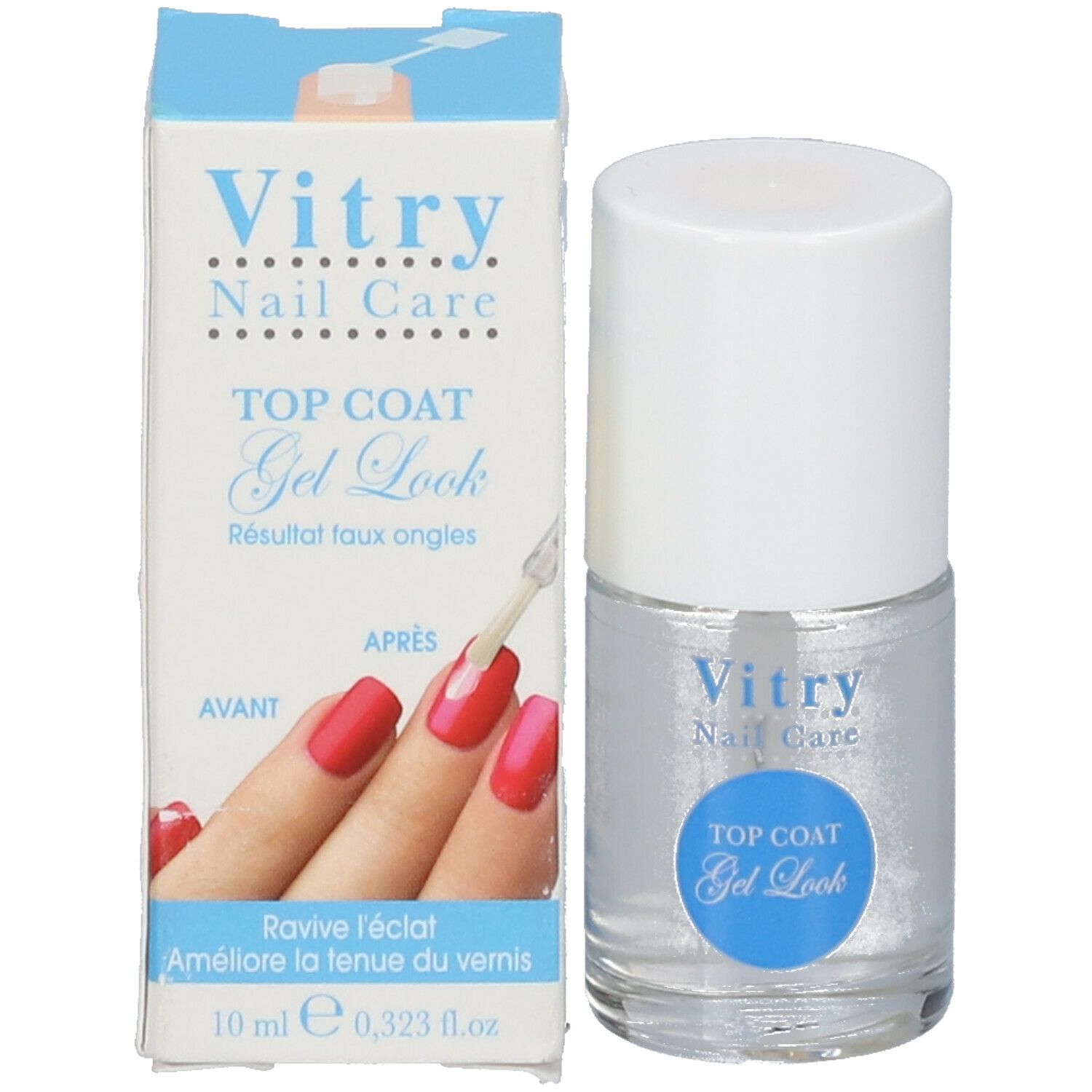 Flacon de vernis à ongles avec emballage en carton. Flacon avec "Top Coat Gel Look".