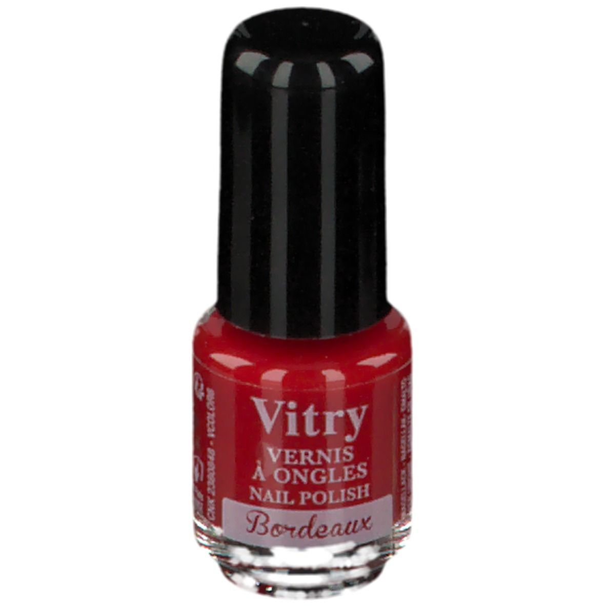 Flacon de vernis à ongles rouge. Inscription: Vitry, Vernis à Ongles, Bordeaux. Bouchon noir.