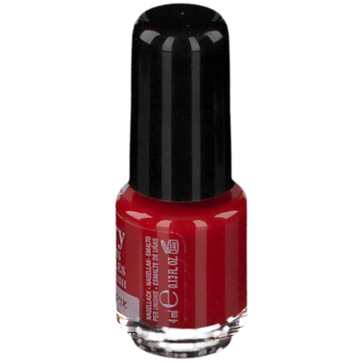 Flacon de vernis à ongles rouge. Inscription: Vitry, 4 ml, 0.13 fl. oz. Bouchon noir.