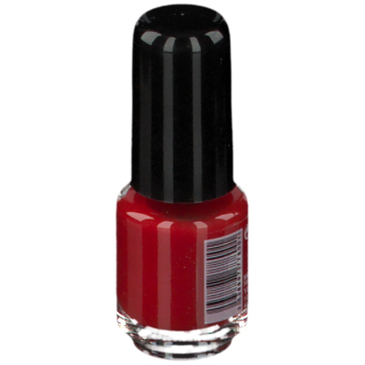 Flacon de vernis à ongles rouge. Code-barres au dos. Bouchon noir.