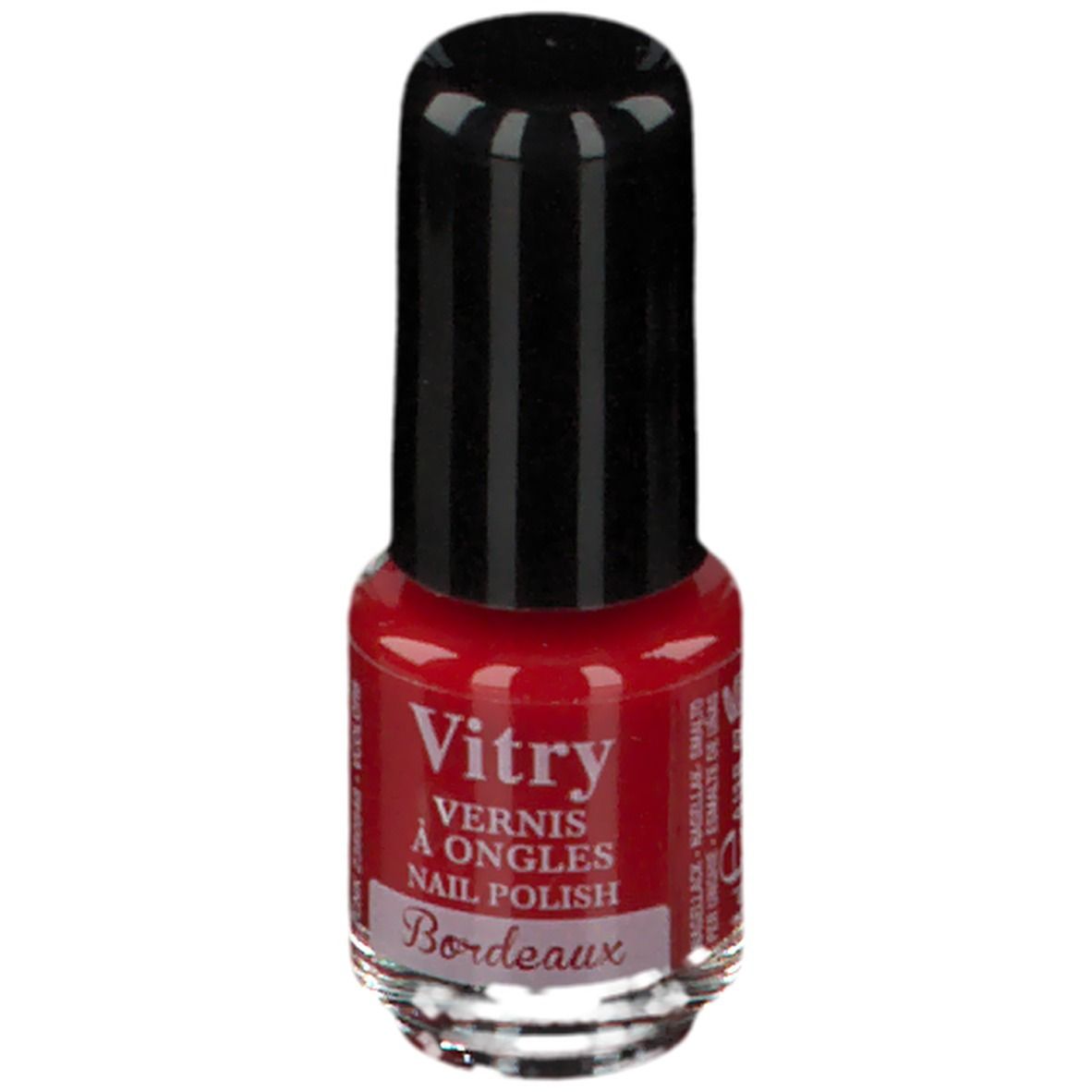 Flacon de vernis à ongles rouge. Inscription: Vitry, Vernis à Ongles, Bordeaux. Bouchon noir.