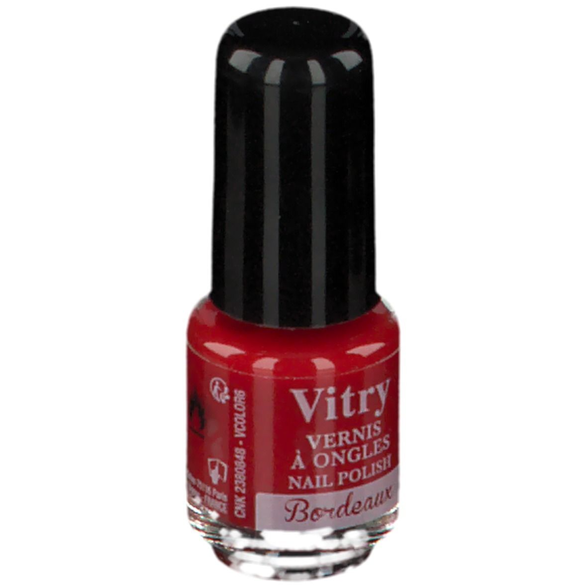 Flacon de vernis à ongles rouge. Inscription: Vitry, Vernis à Ongles, Bordeaux. Bouchon noir.