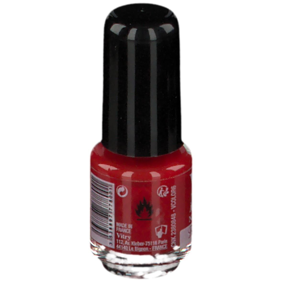 Flacon de vernis à ongles rouge. Inscription: Vitry, Bordeaux. Bouchon noir. Avertissement.