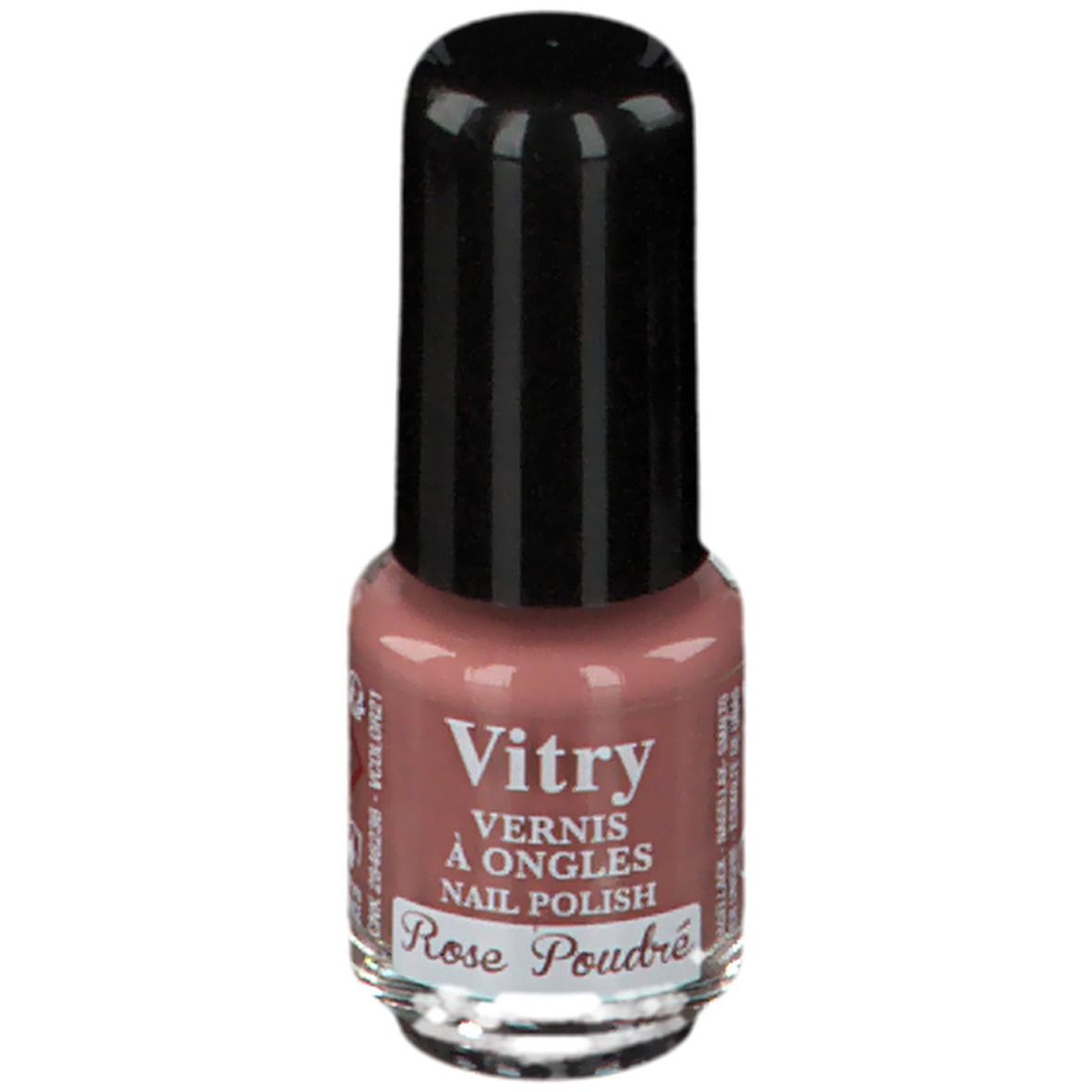Flacon de vernis à ongles avec bouchon noir. Inscription: Vitry, Vernis à Ongles, Nail Polish, Rose Poudré.