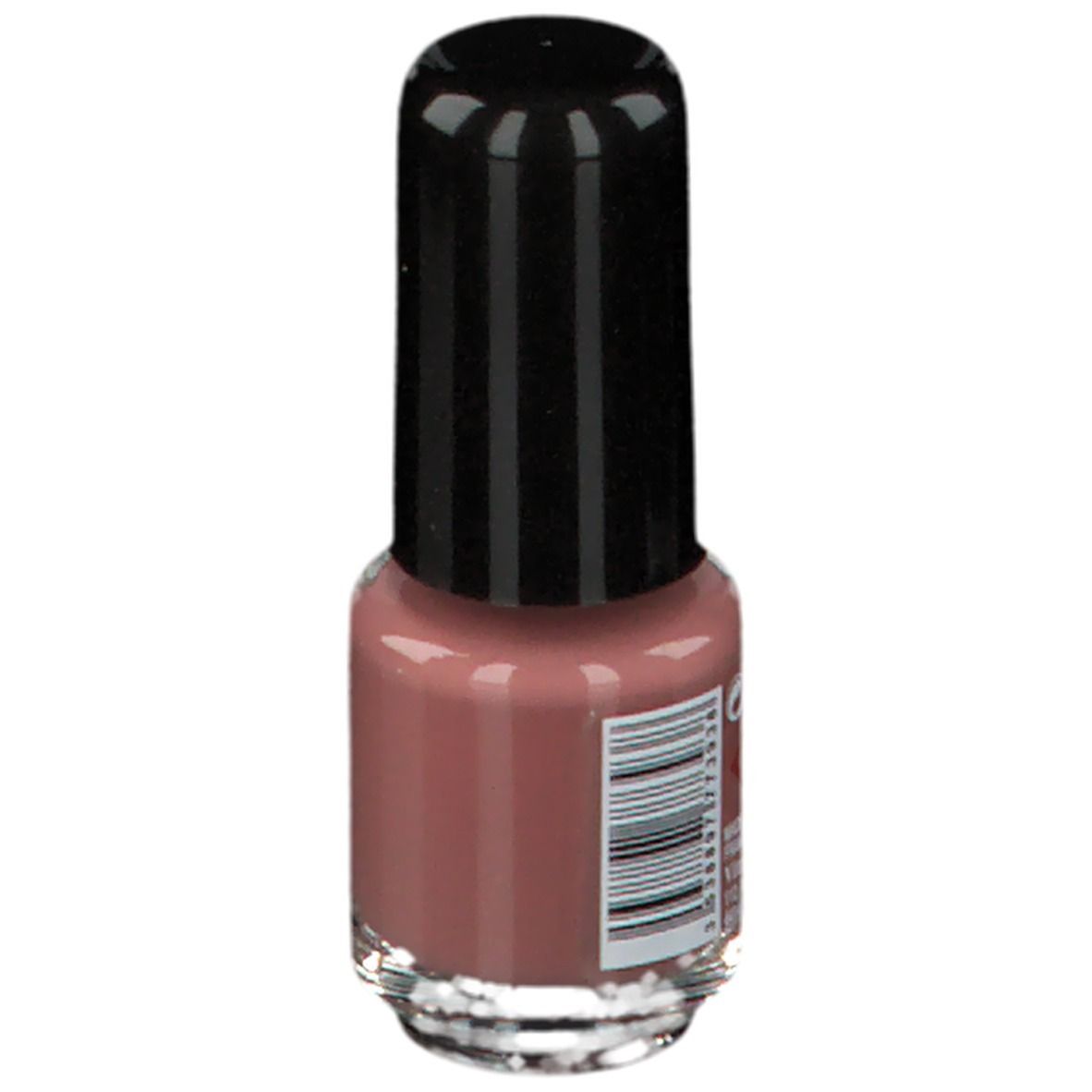 Flacon de vernis à ongles avec bouchon noir. Un code-barres sur le côté.