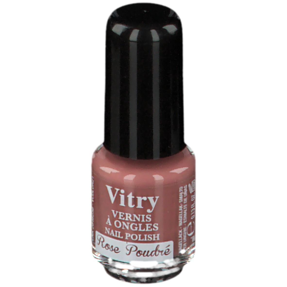 Flacon de vernis à ongles avec bouchon noir. Inscription: Vitry, Vernis à Ongles, Nail Polish, Rose Poudré.