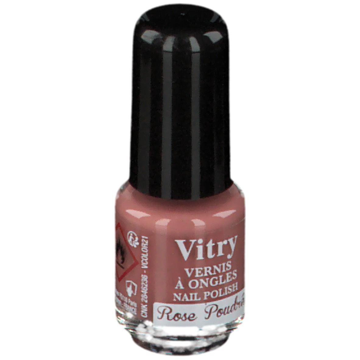 Flacon de vernis à ongles avec bouchon noir. Inscription: Vitry, Vernis à Ongles, Nail Polish, Rose Poudré. Symbole de danger.