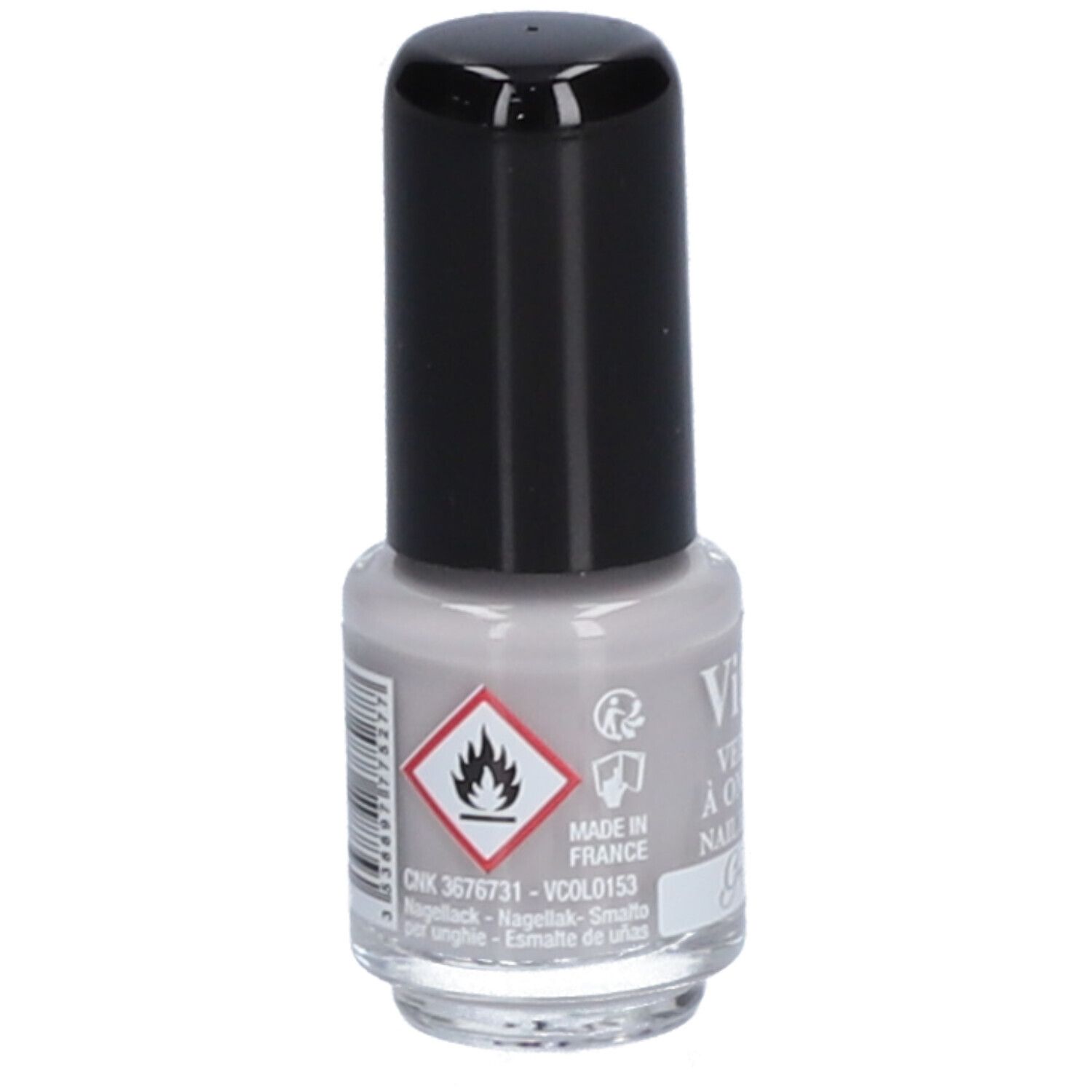 Hellgrauer Nagellackflakon mit schwarzem Deckel. Warnhinweis: leicht entzündlich. Aufschrift: Made in France.
