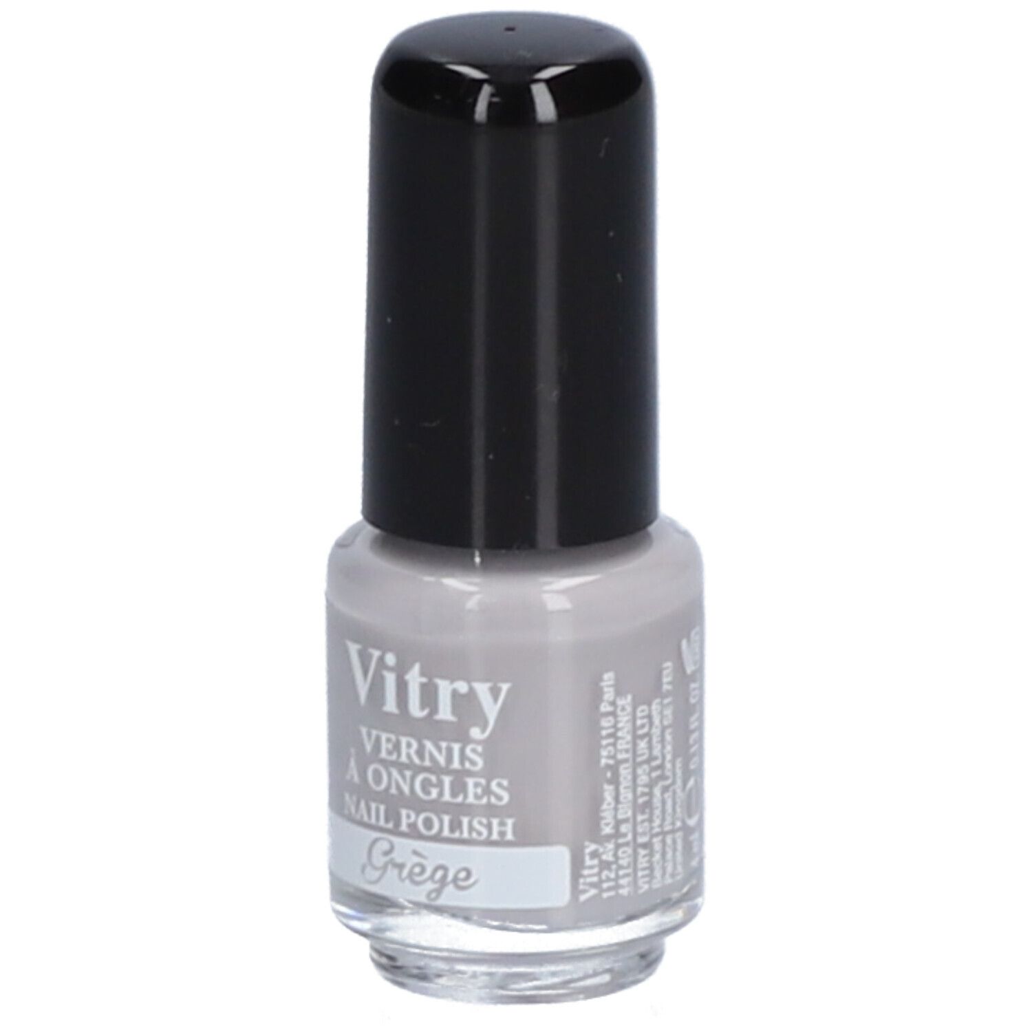 Hellgrauer Nagellackflakon mit schwarzem Deckel. Aufschrift: Vitry, Vernis à Ongles, Nail Polish, Grège.