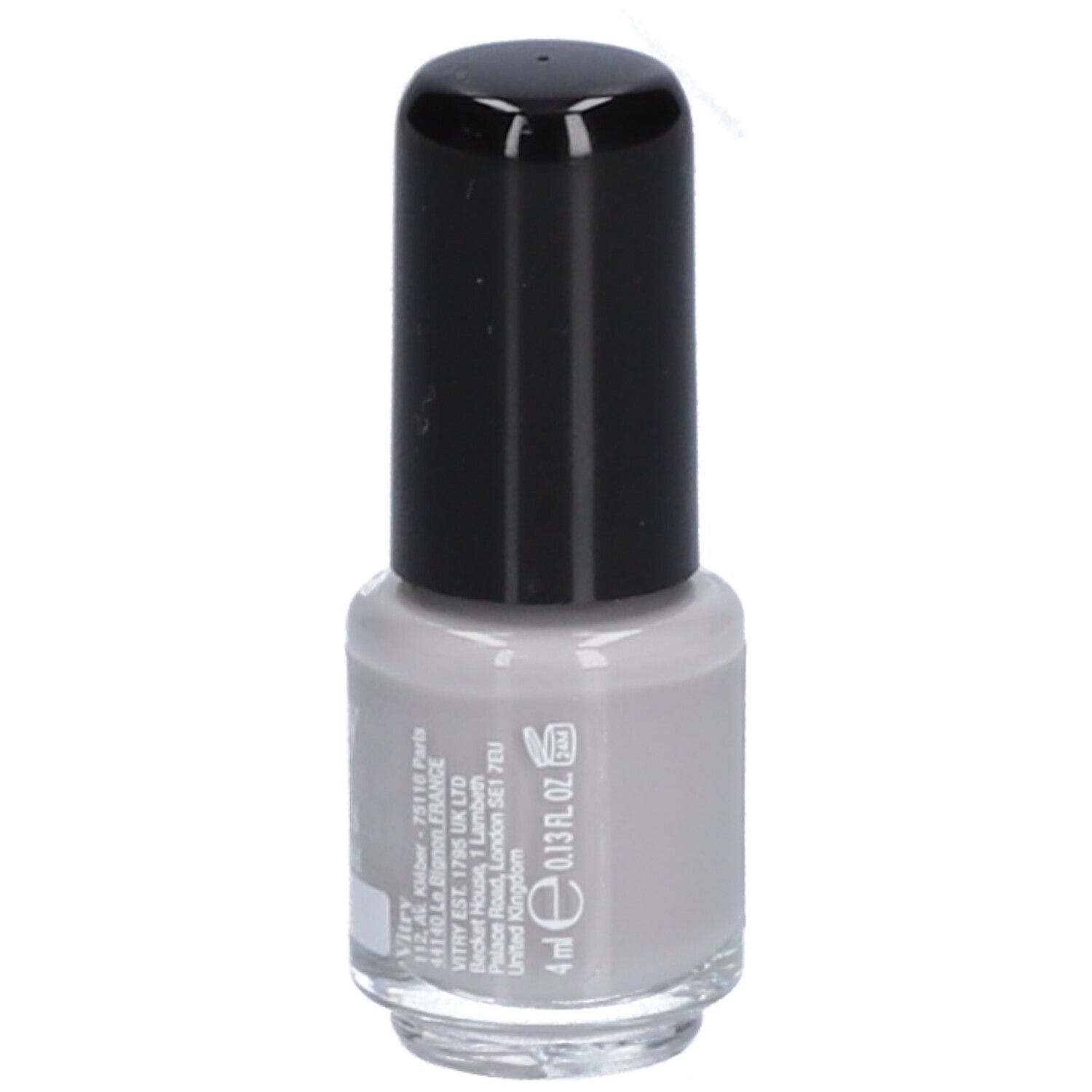 Hellgrauer Nagellackflakon mit schwarzem Deckel. Aufschrift: 4 ml, 0.13 fl oz. Herstellerinformationen.