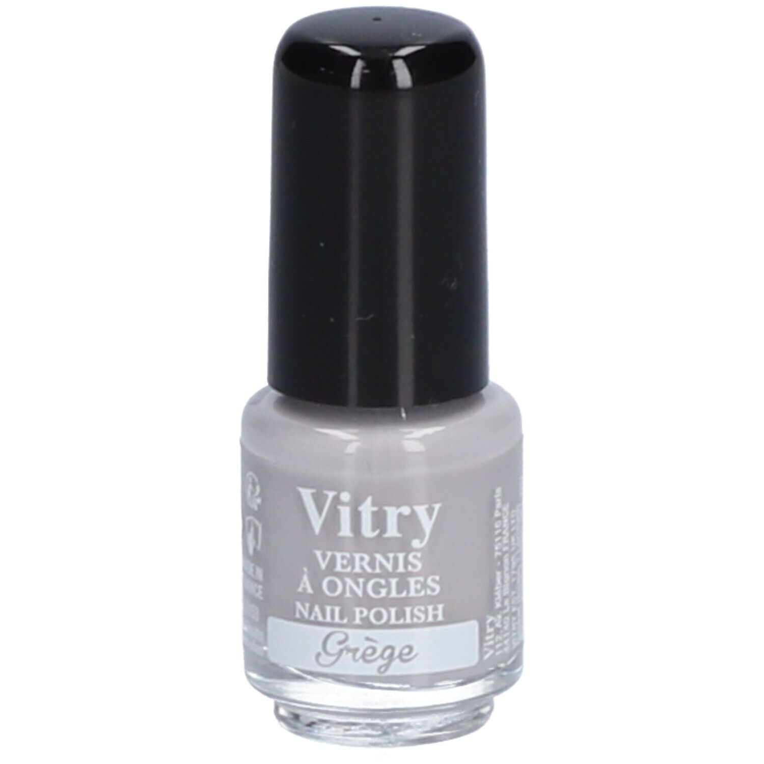 Hellgrauer Nagellackflakon mit schwarzem Deckel. Aufschrift: Vitry, Vernis à Ongles, Nail Polish, Grège.