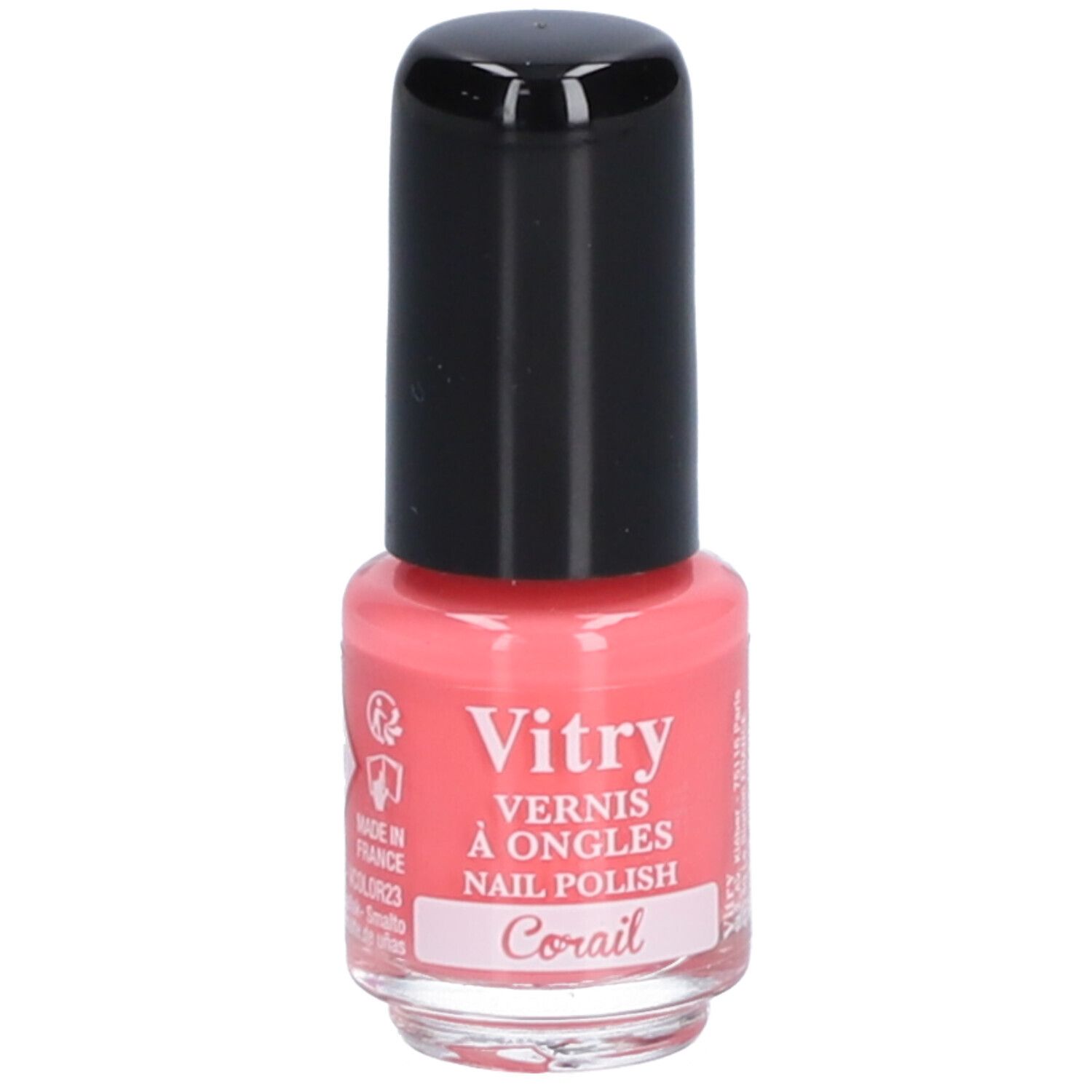 Flacon de vernis à ongles corail. Bouchon noir. Marque Vitry, inscription "Corail". Fabriqué en France.