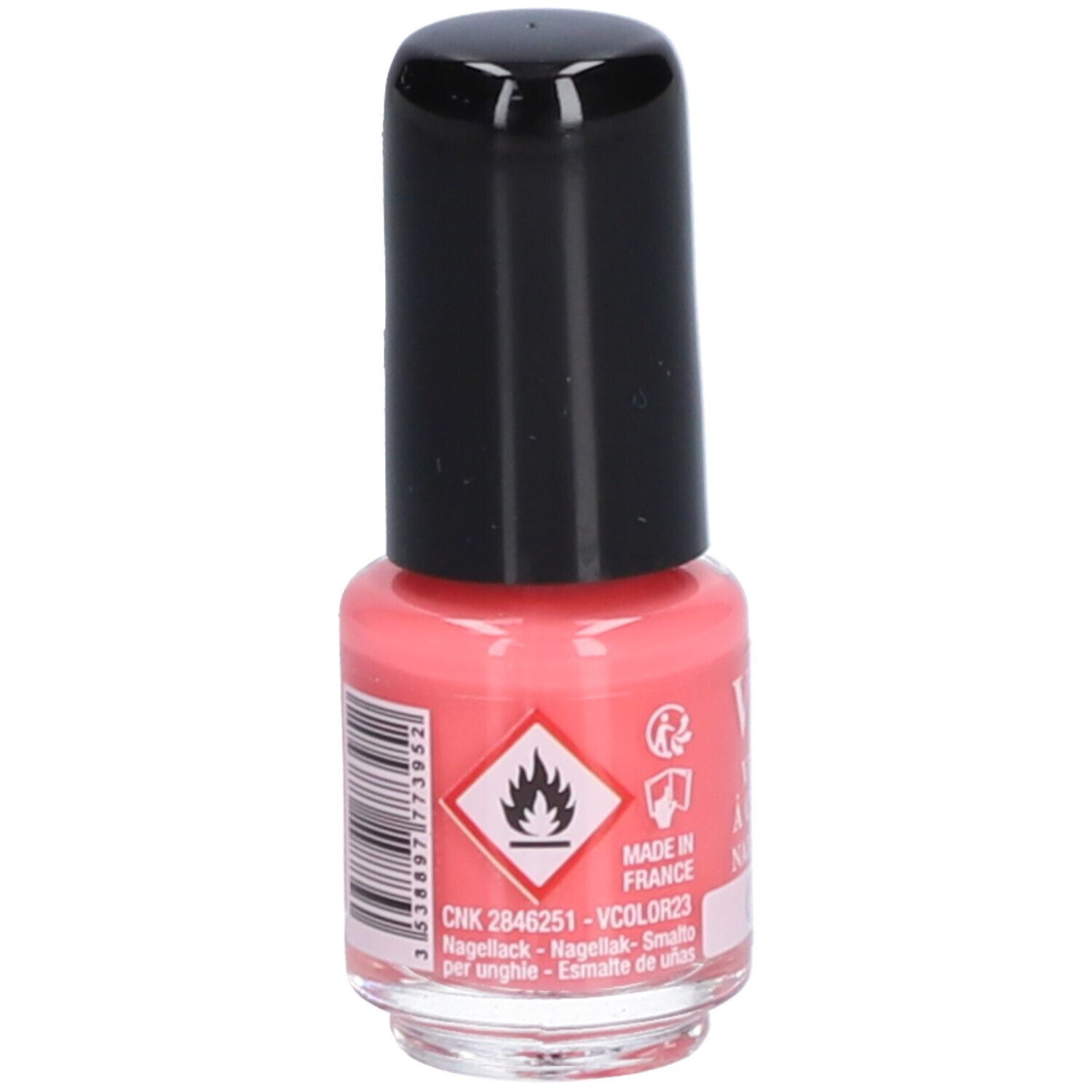Flacon de vernis à ongles corail. Bouchon noir. Symbole inflammable. Code-barres et informations produit.