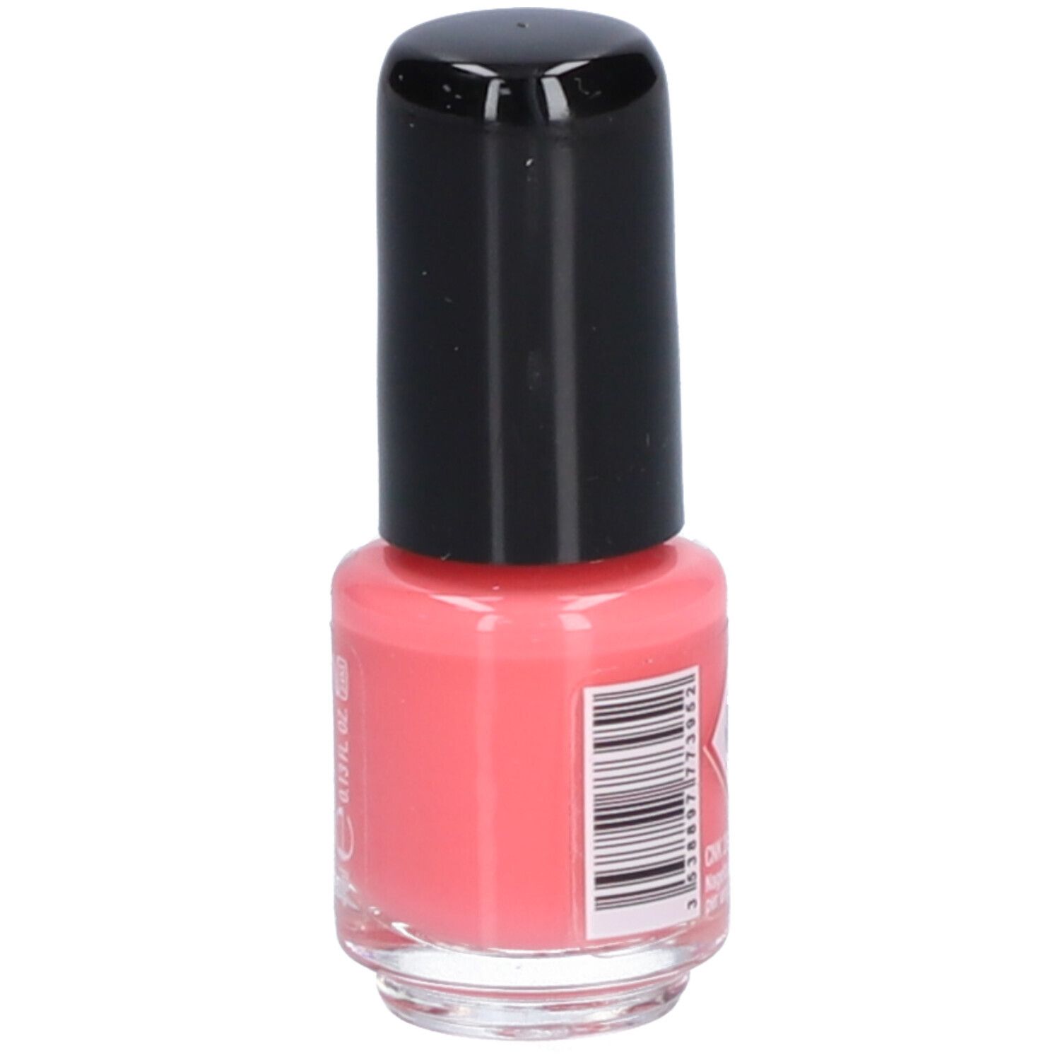 Vernis à ongles corail en flacon, bouchon noir. Code-barres et informations produit.