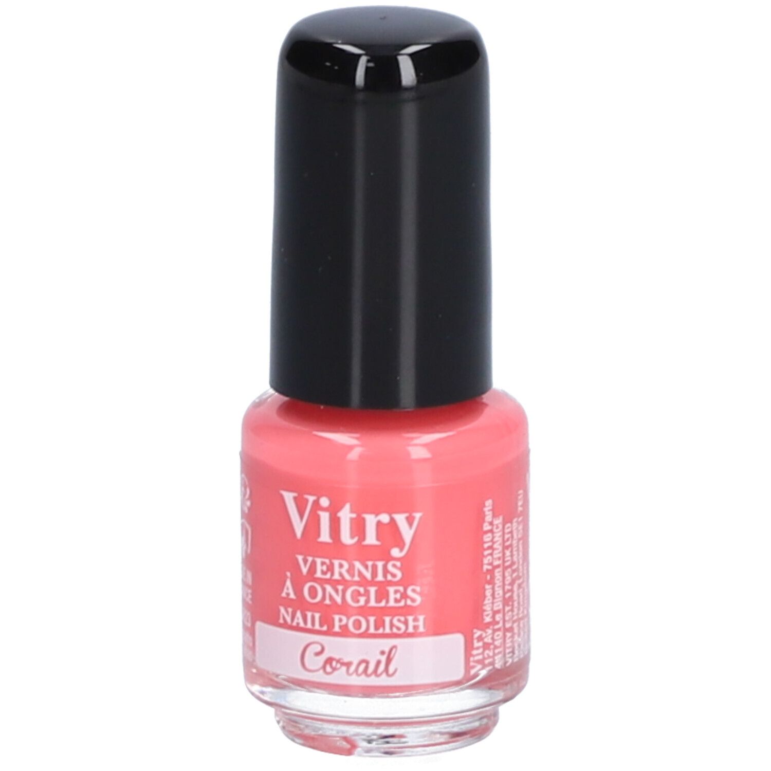 Vernis à ongles corail en flacon, bouchon noir. Marque Vitry, inscription "Corail".