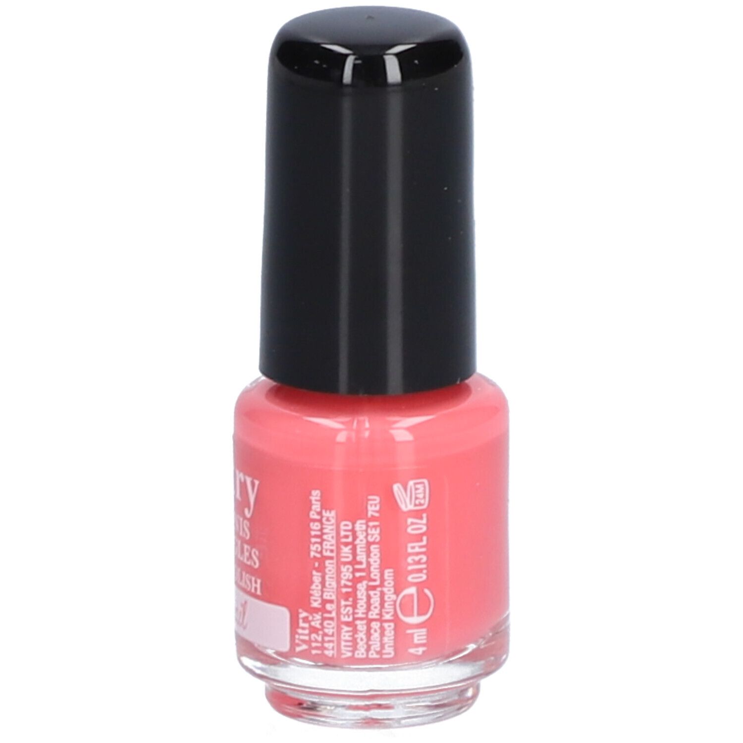 Vernis à ongles corail en flacon, bouchon noir. Informations produit, volume 4 ml.