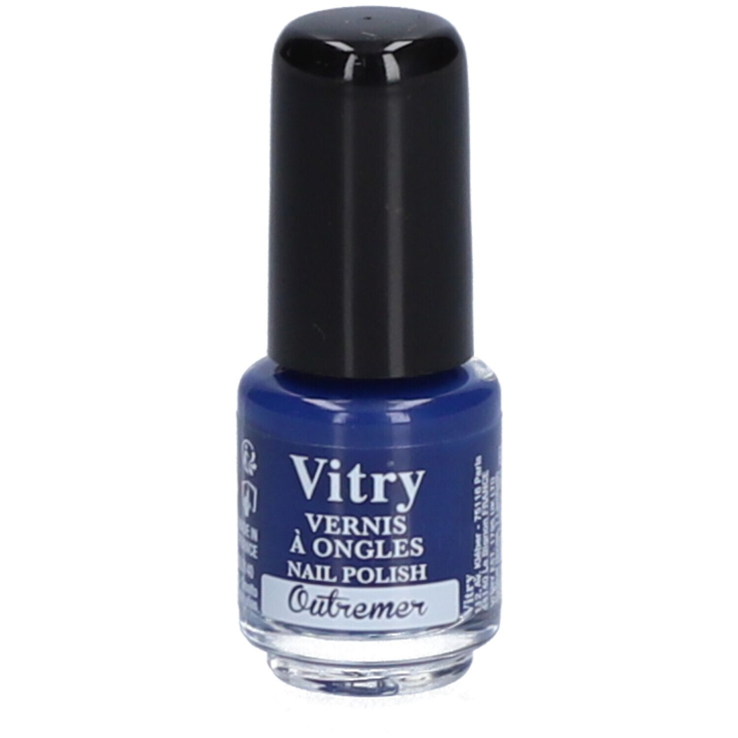 Blauwe nagellakfles met zwarte dop. Opschrift: Vitry, Vernis à Ongles, Nail Polish, Outremer.